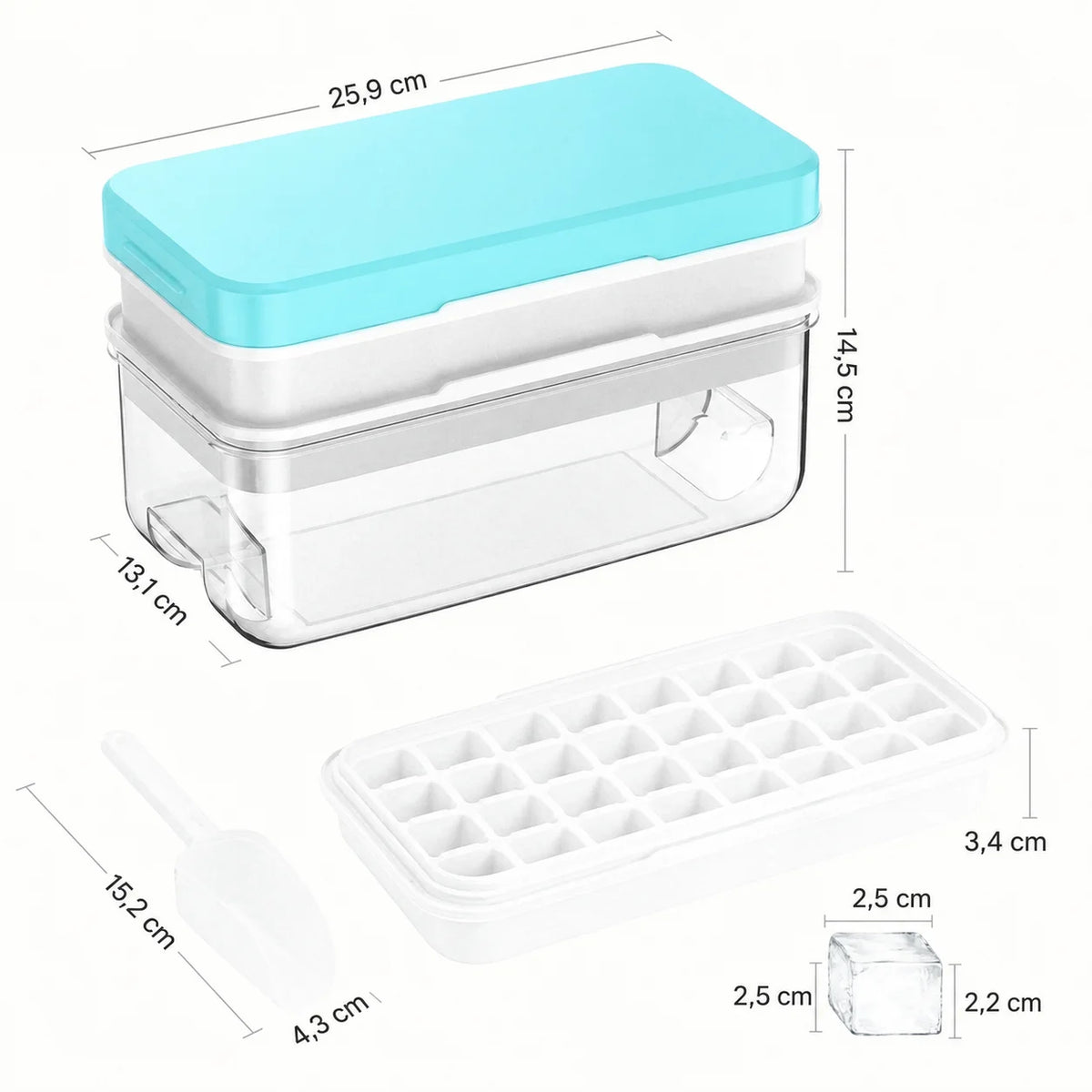 Forma de gelo empilhável com tampa, reservatório e pá para o freezer