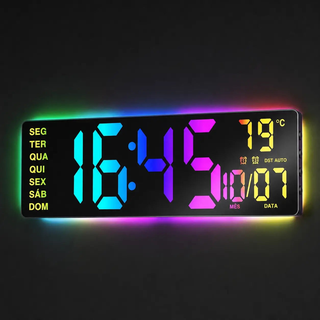 Relógio digital de parede grande com luz RGB, Bluetooth e alarmes duplos para sala, escritório, cozinha e setup gamer
