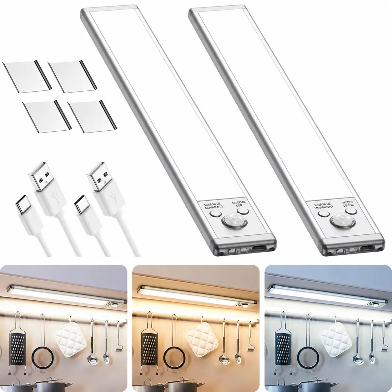 Luminária LED recarregável USB-C com sensor de presença, instalação magnética e brilho ajustável para armários, cozinha e corredor