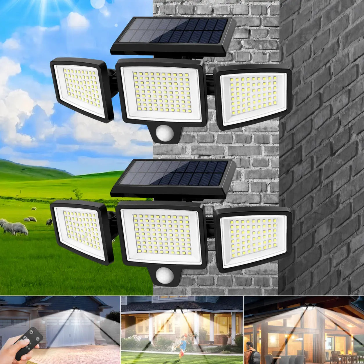 Refletor solar externo 2500LM com 3 cabeças, sensor de movimento e controle remoto para iluminação de segurança no quintal e garagem