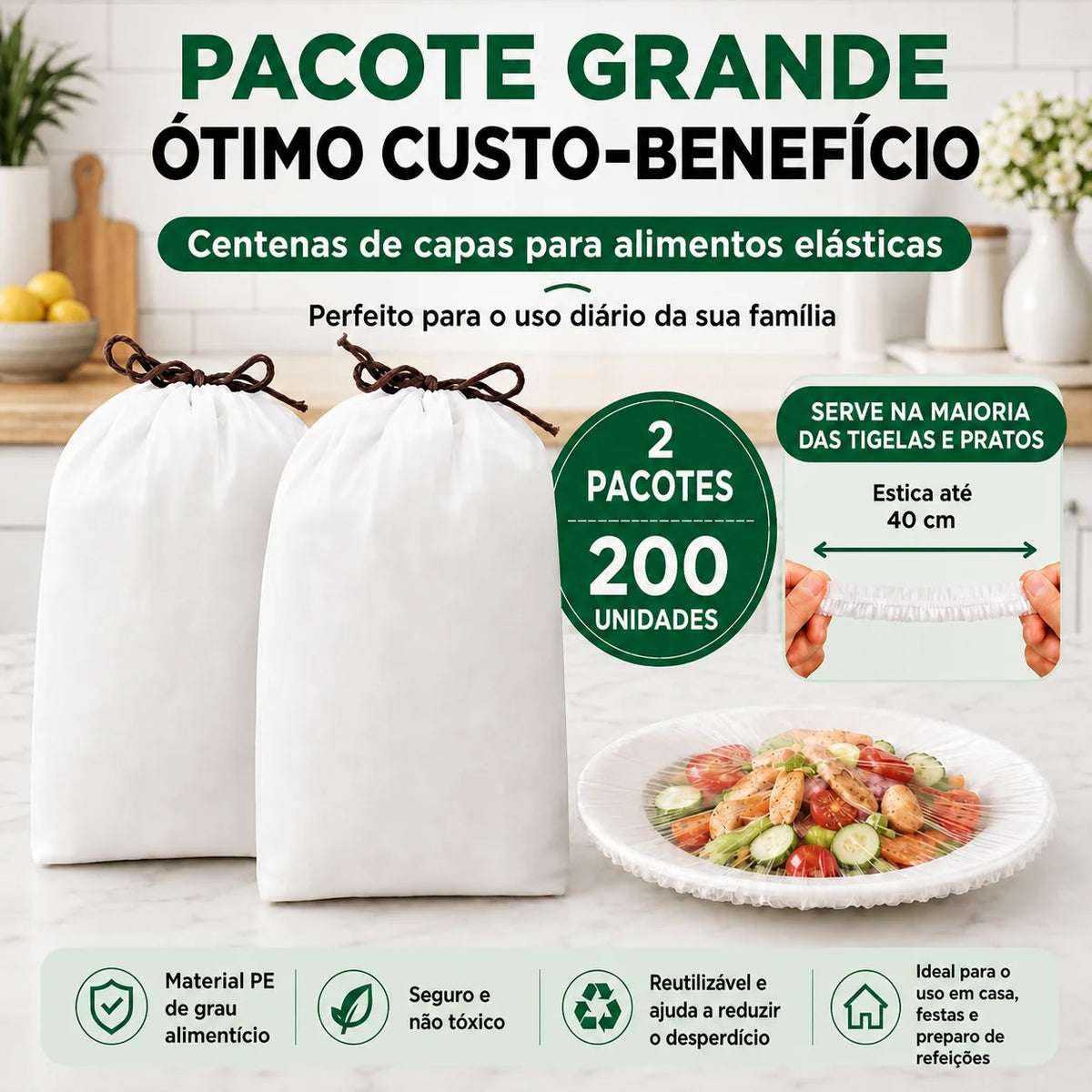 Capas elásticas reutilizáveis para tigelas e pratos, sem filme plástico