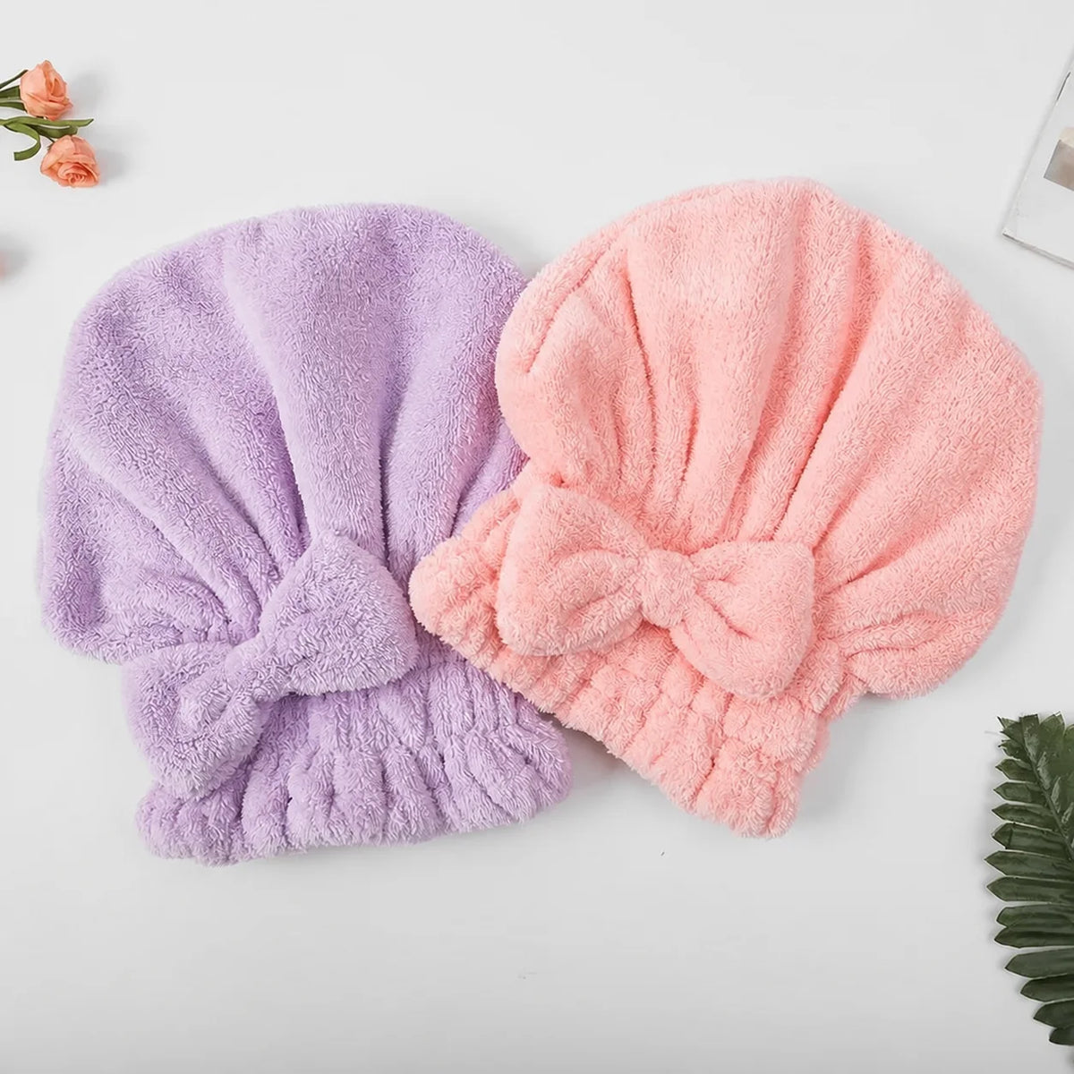 Conjunto de toucas toalha ultra-absorventes com laço decorativo, ajuste elástico e toque macio para pós-banho, maquiagem em casa ou viagem