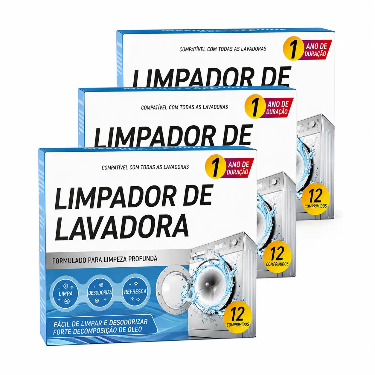 Pastilhas limpa máquina de lavar 12 unidades, limpeza profunda e desodorização para lavadoras frontais e superiores HE