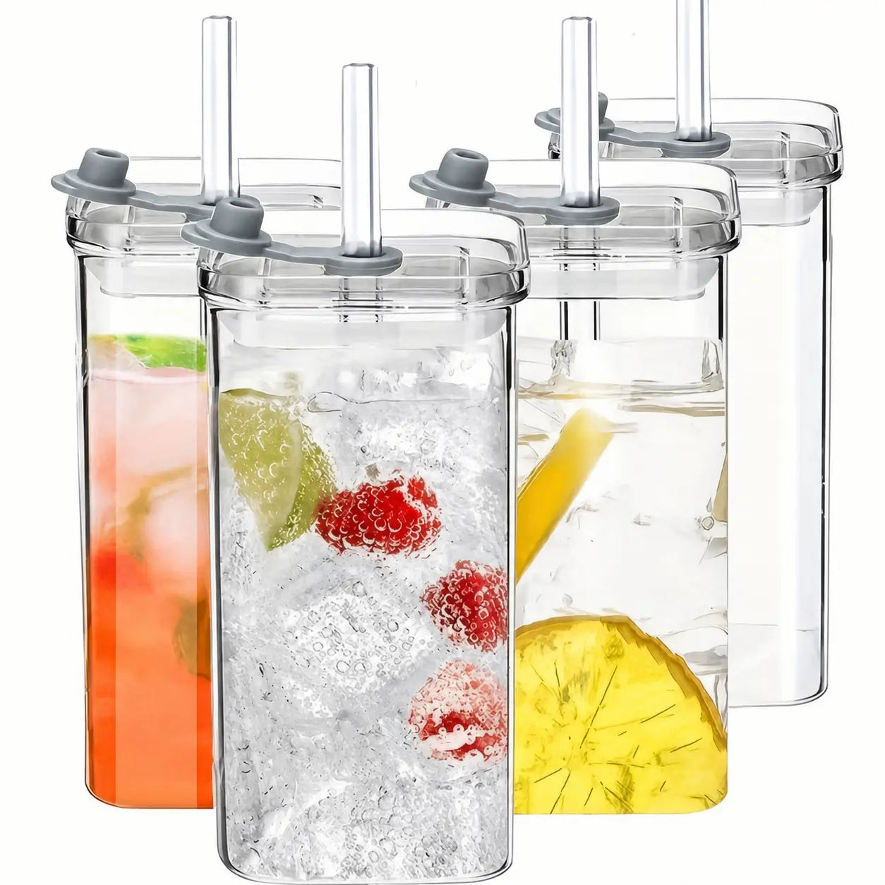 Conjunto com 4 copos de vidro 380 ml com tampa e canudo, design quadrado para café, sucos e drinks em casa ou no escritório