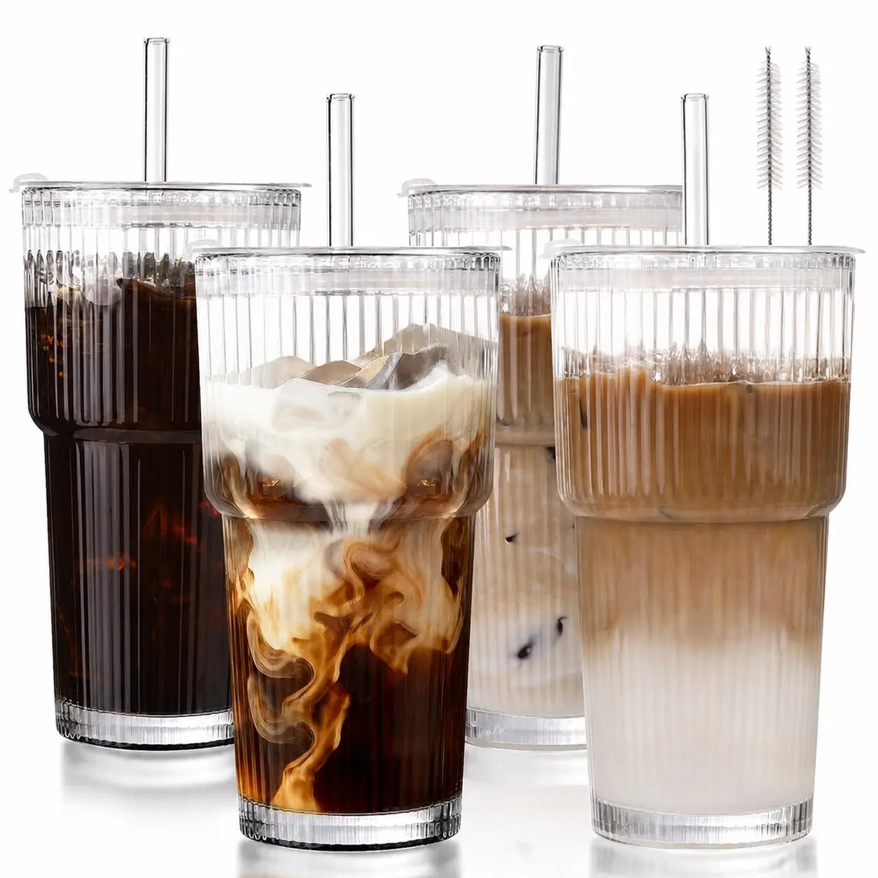 Copo tumbler de vidro canelado com tampa e canudo reutilizável, 562 ml, para café gelado, sucos e smoothies sem vazamentos