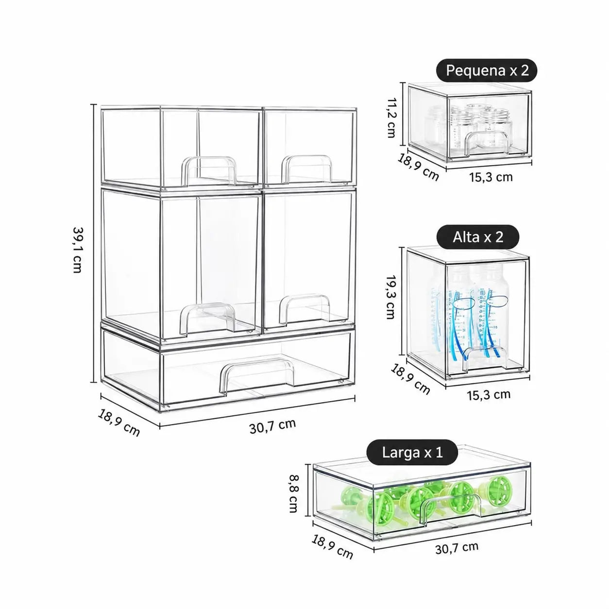 Organizador transparente empilhável com gavetas deslizantes para banheiro, cozinha, escritório e itens de bebê, kit multiuso com 5 ou 8 peças