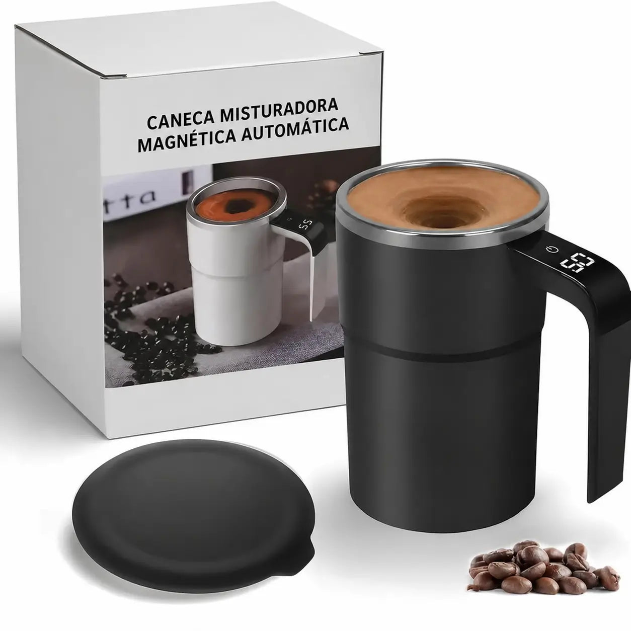 Caneca automática para café com mistura magnética, termômetro LCD e bateria recarregável para bebidas quentes ou frias em casa, escritório ou viagem