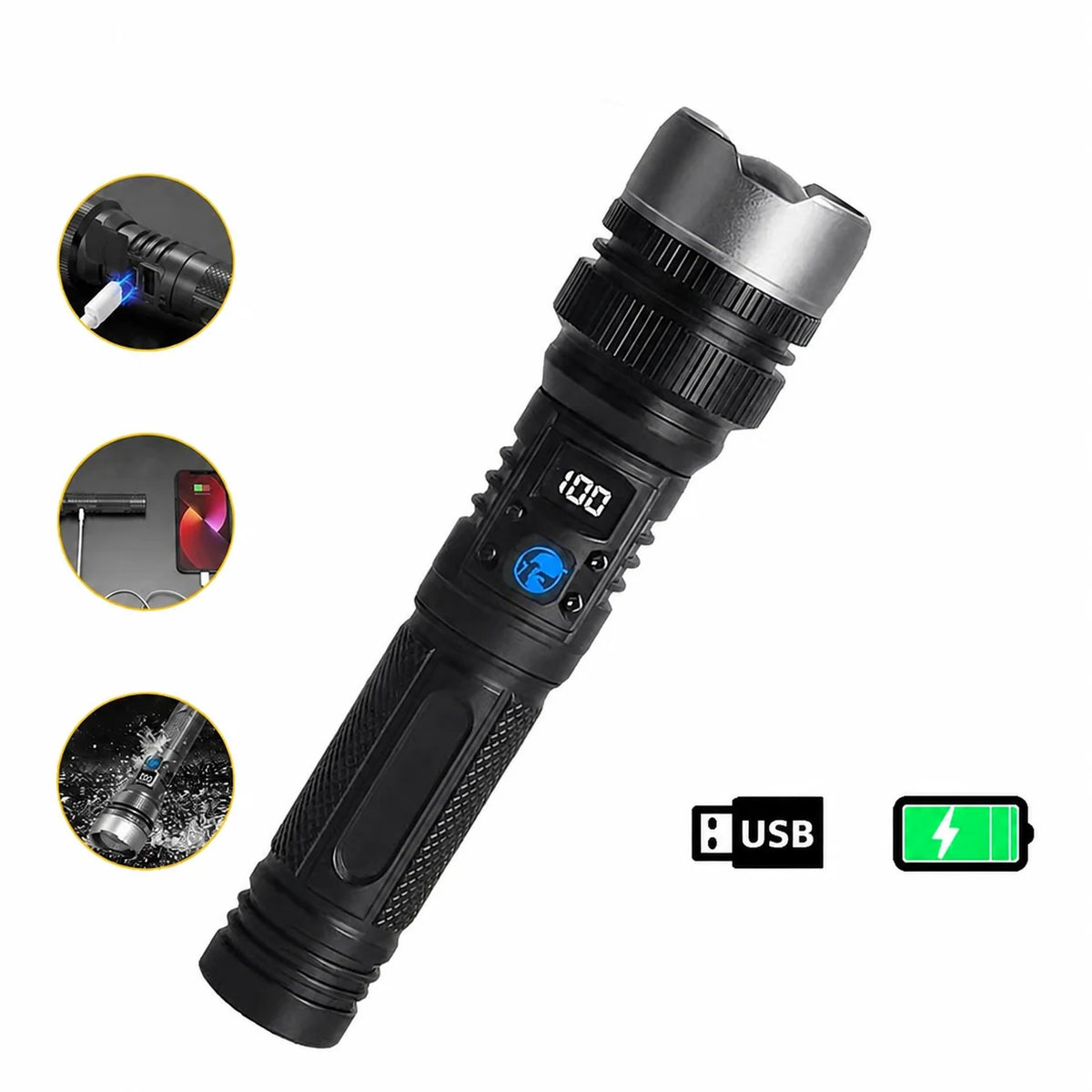 Lanterna LED recarregável 2200 lúmens com power bank, zoom ajustável, visor digital e resistência à água para camping, apagões e emergências