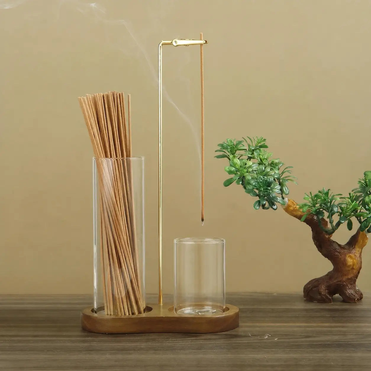 Porta-incenso minimalista com porta-vela, base de madeira resistente e coletor removível para yoga, relaxamento e decoração na sala e quarto