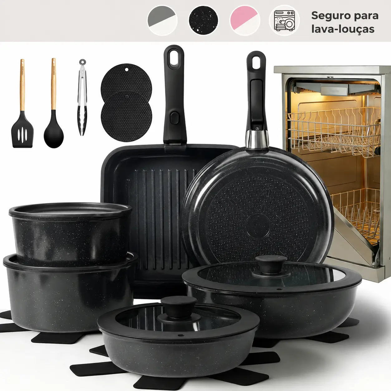 Conjunto de panelas cerâmicas antiaderentes 22 peças, empilhável com cabo removível, para uso prático em casa, indução, forno e camping