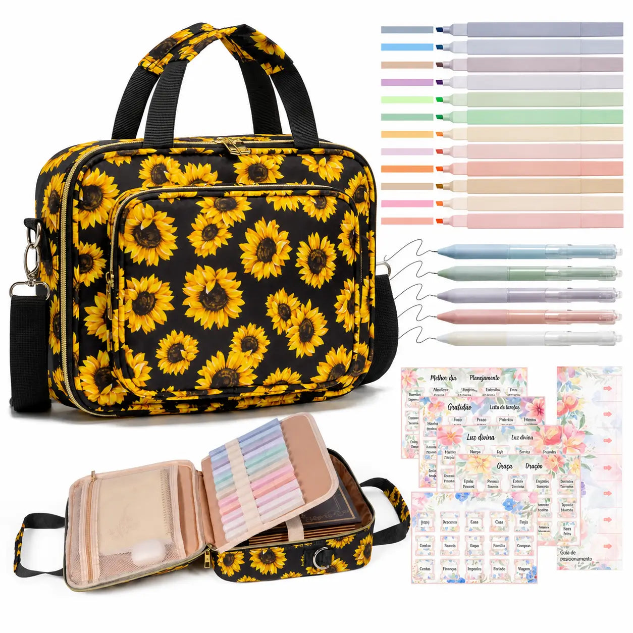 Capa bolsa para Bíblia com alça ajustável, bolsos organizadores e kit marca-textos para estudo, igreja e journaling cristão no dia a dia