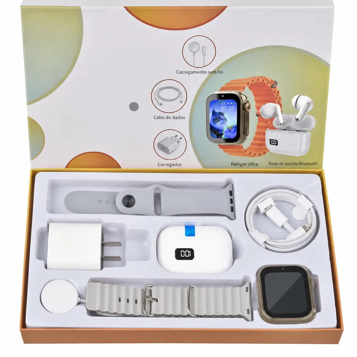 Kit smartwatch 6 em 1 com fone Bluetooth, carregador 20W e cabo Type-C para rotina conectada no trabalho, treino e viagens