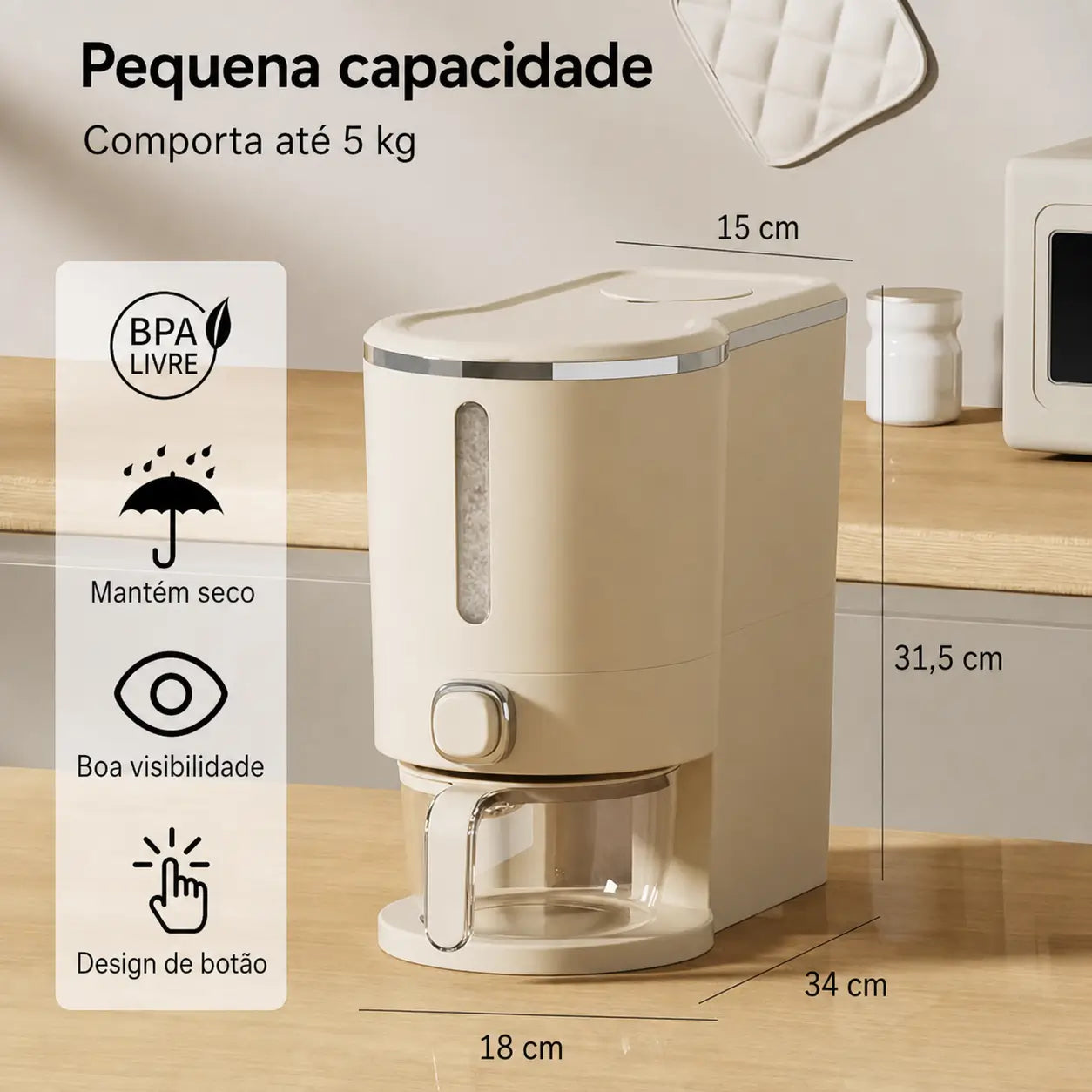 Dispenser hermético para arroz 10 kg com copo medidor, proteção contra insetos para grãos, cereais e ração na cozinha e despensa