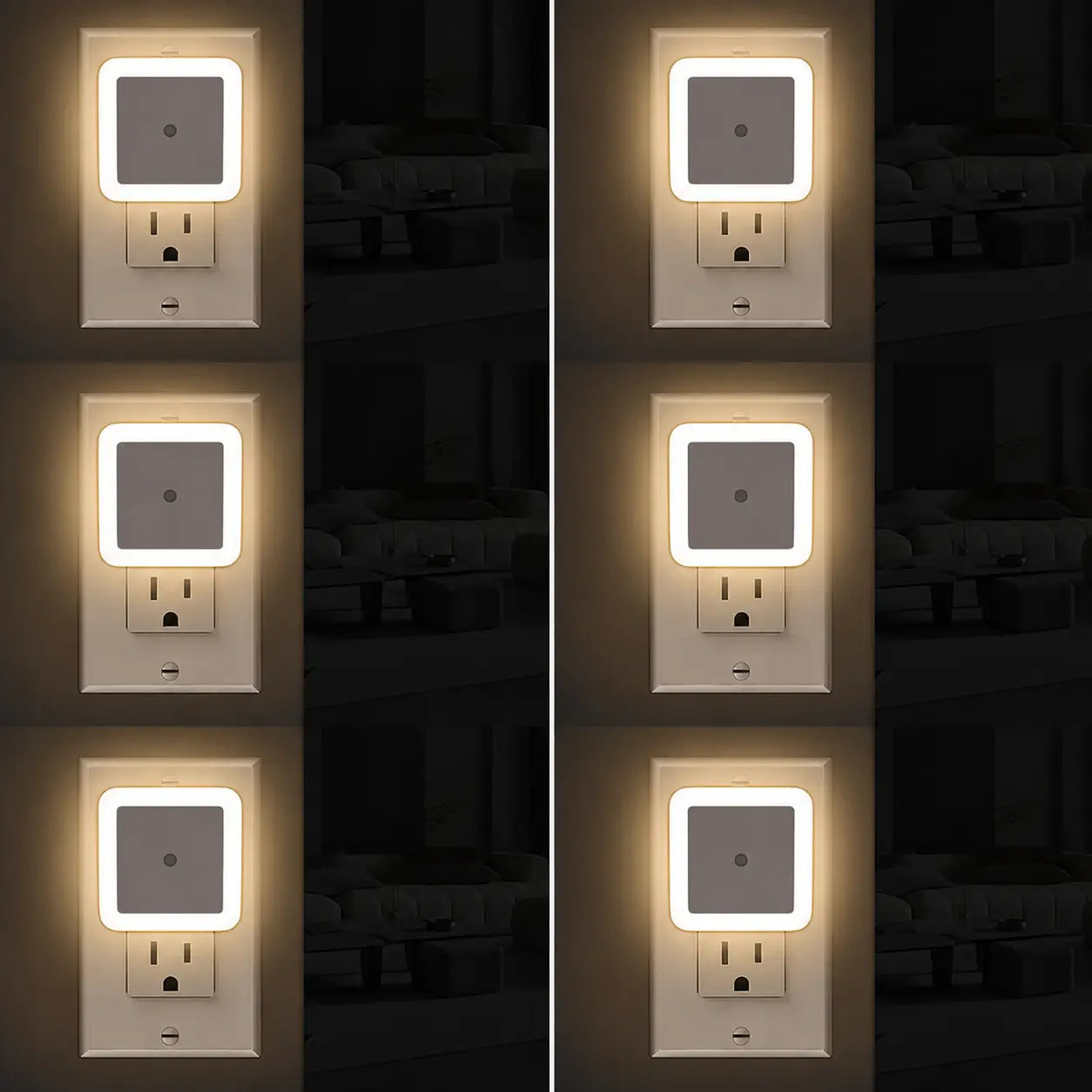 Luz noturna LED de tomada com sensor crepuscular, kit com 6 unidades para quarto, banheiro, corredor e cozinha, branco quente