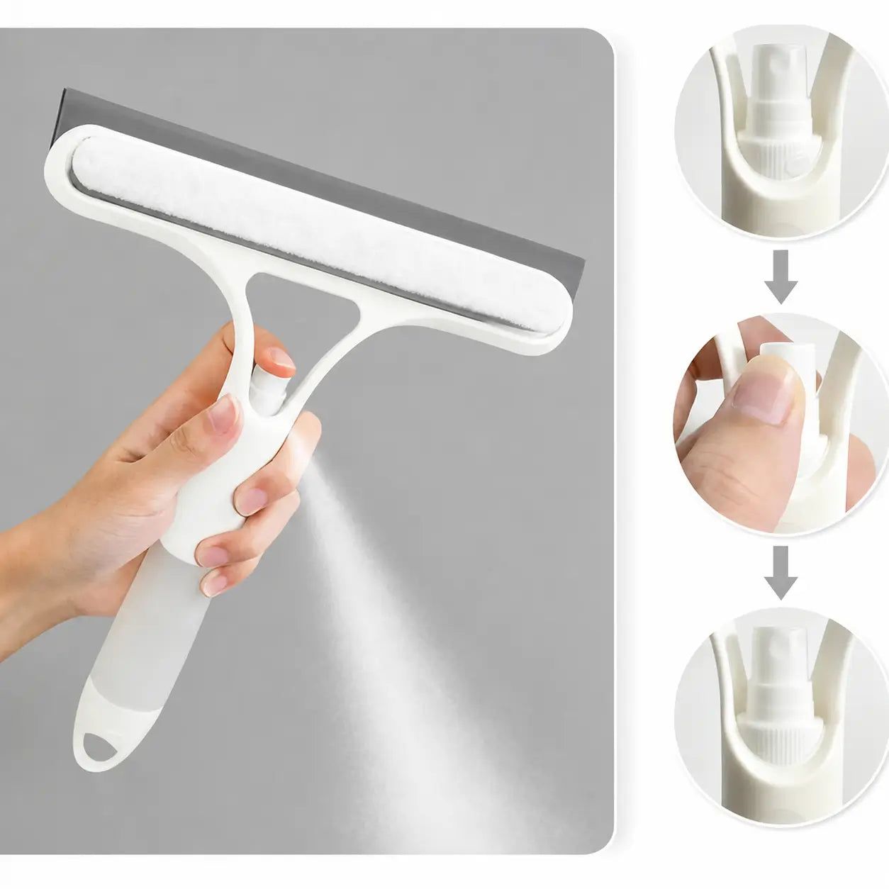 Rodo limpador de vidros 3 em 1 com spray, raspador e microfibra para janelas, para-brisa e bancadas na limpeza diária