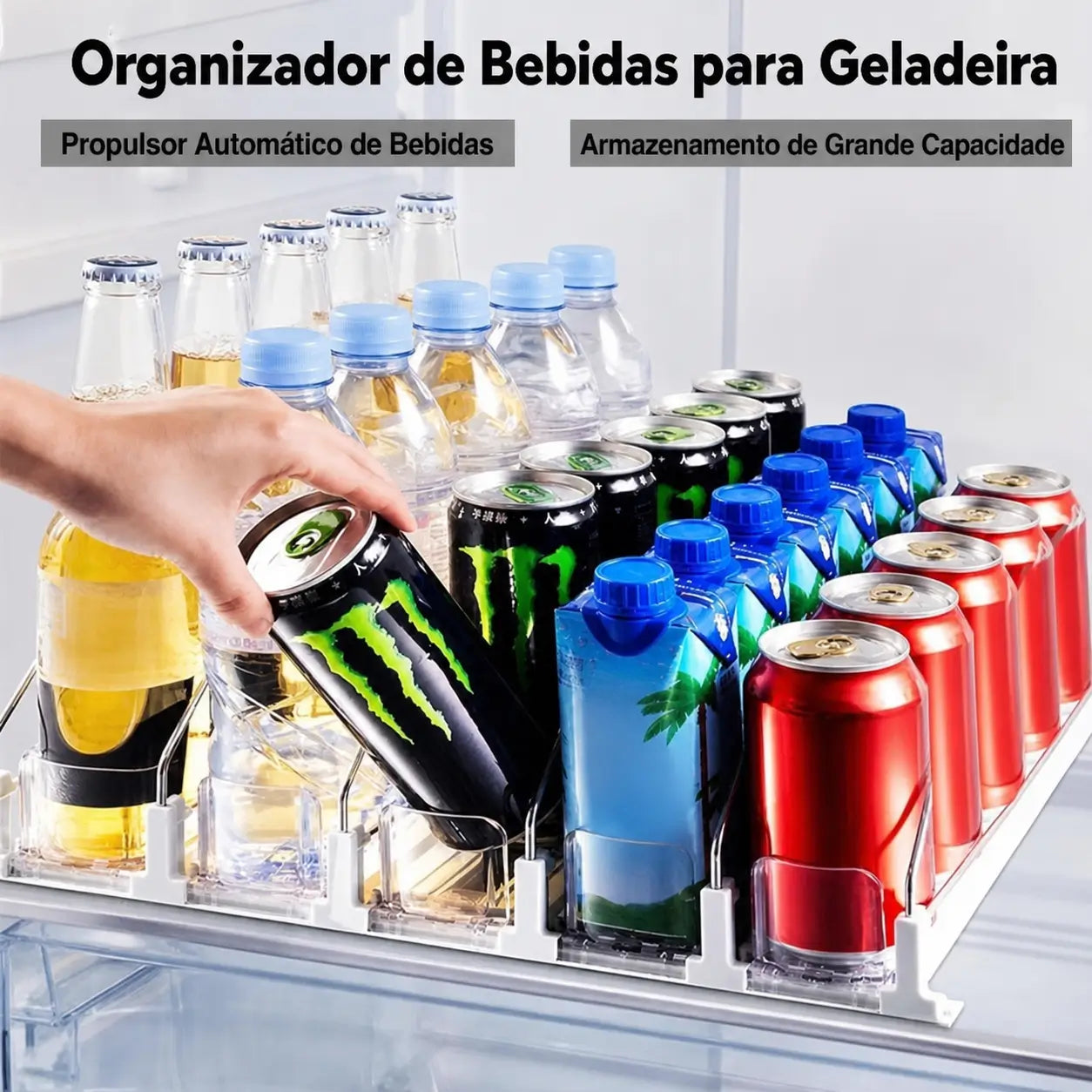 Dispenser de latas para geladeira em plástico reciclado com propulsão automática, organiza refrigerantes e libera espaço nas prateleiras da cozinha diariamente