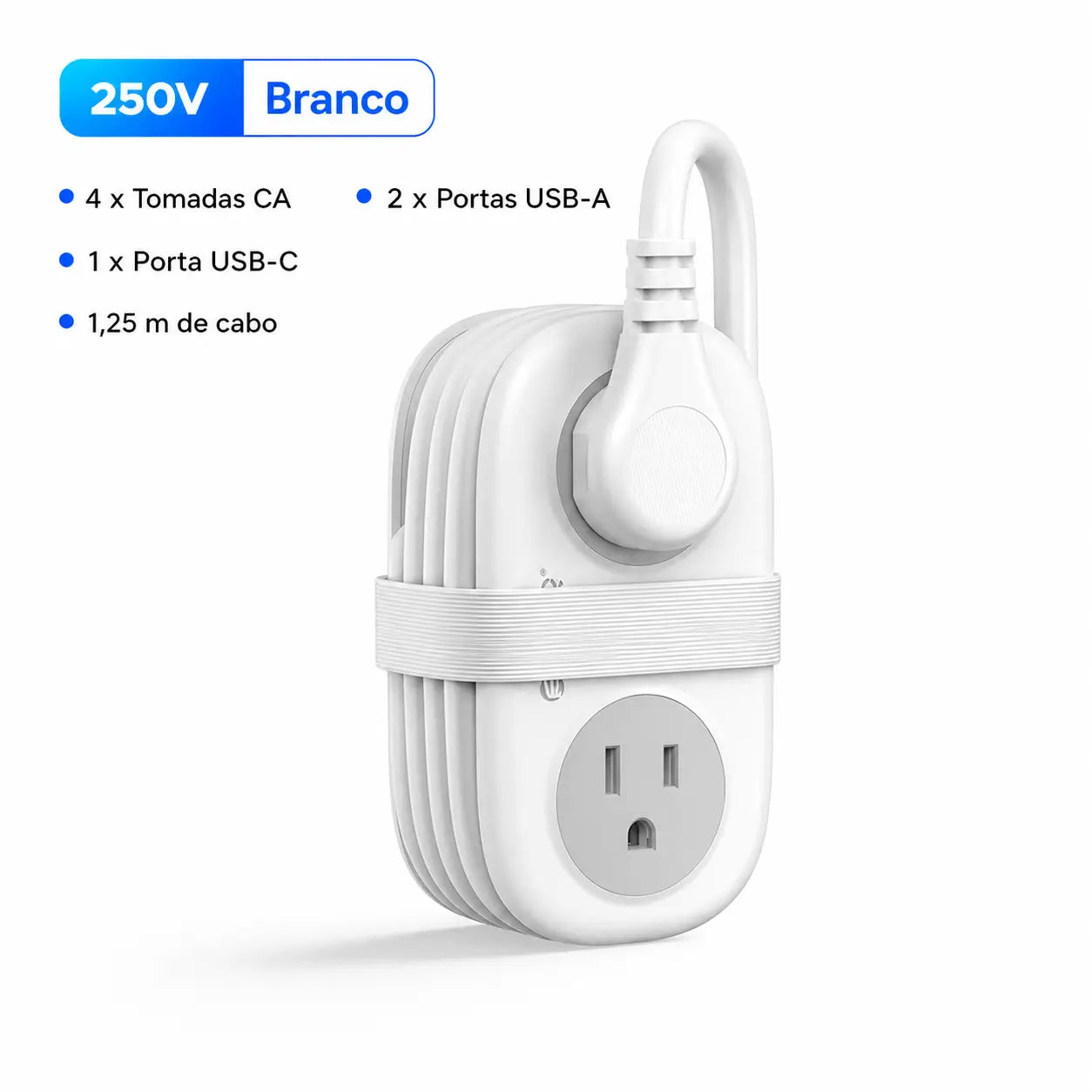 Filtro de linha compacto para viagem com 4 tomadas, USB-C e cabo curto enrolável, ideal para hotel, cruzeiro e mesa de trabalho