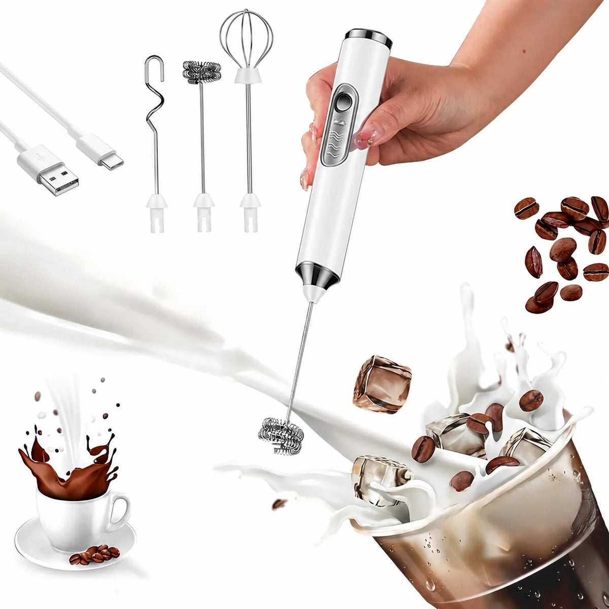 Mixer espumador de leite recarregável USB-C com 3 batedores e 3 velocidades para café, cappuccino, matcha e ovos em casa