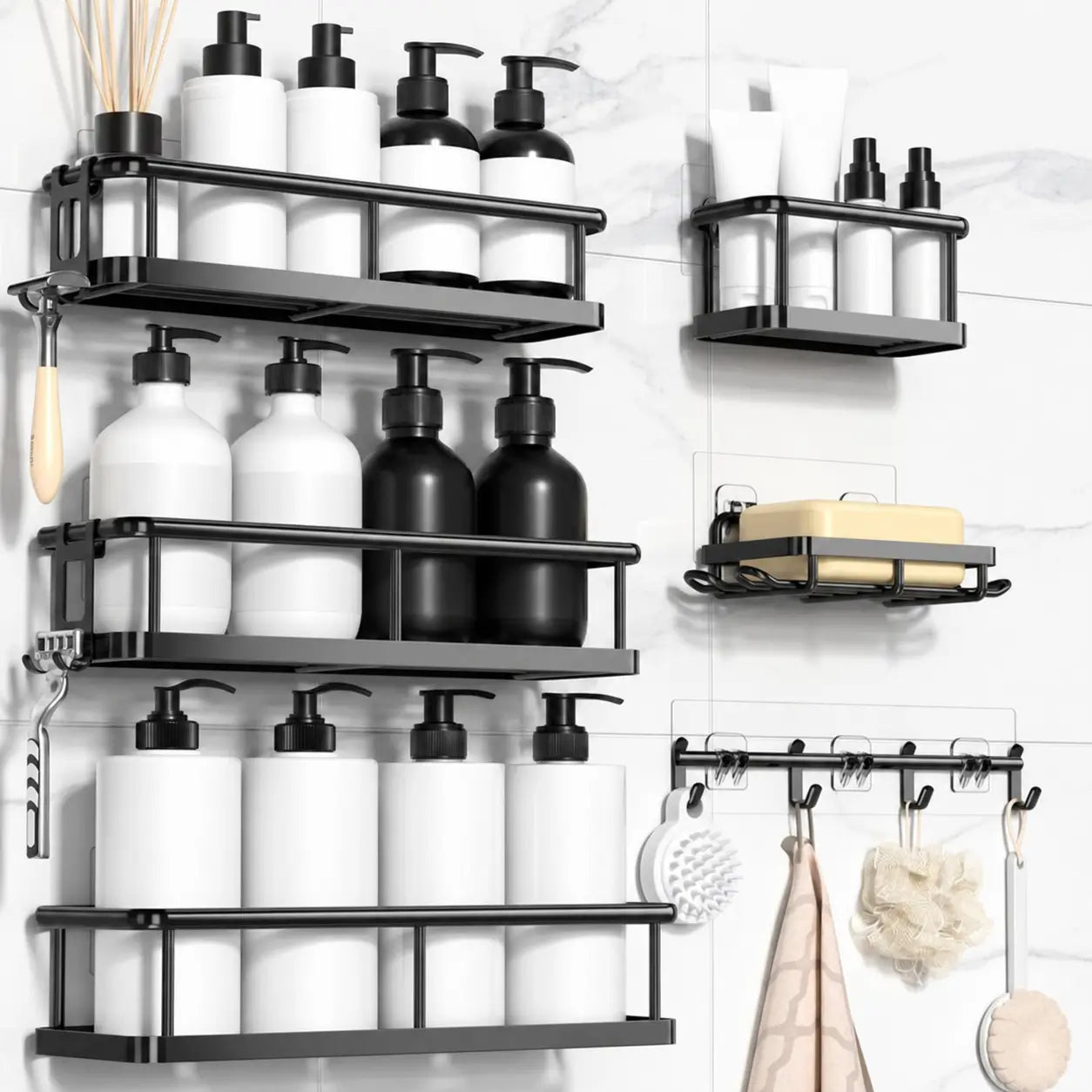 Kit organizador de box preto 5 peças sem furar, com prateleiras antiferrugem e ganchos removíveis para banheiro, cozinha e área de serviço