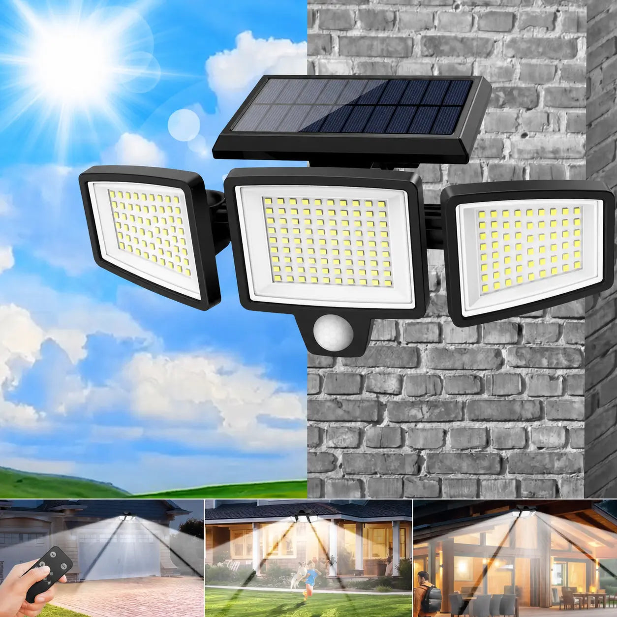 Refletor solar externo 2500LM com 3 cabeças, sensor de movimento e controle remoto para iluminação de segurança no quintal e garagem