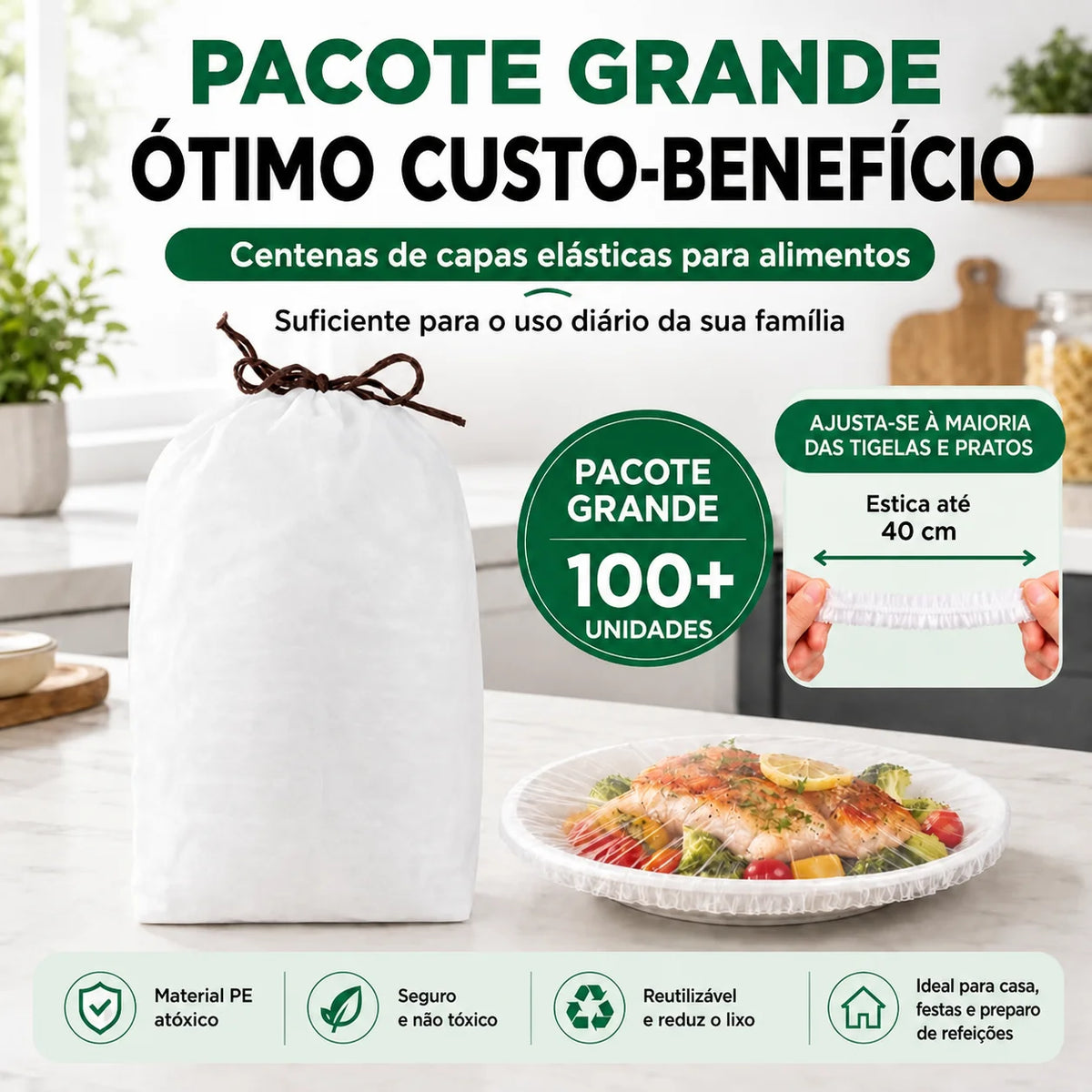 Capas elásticas reutilizáveis para tigelas e pratos, sem filme plástico