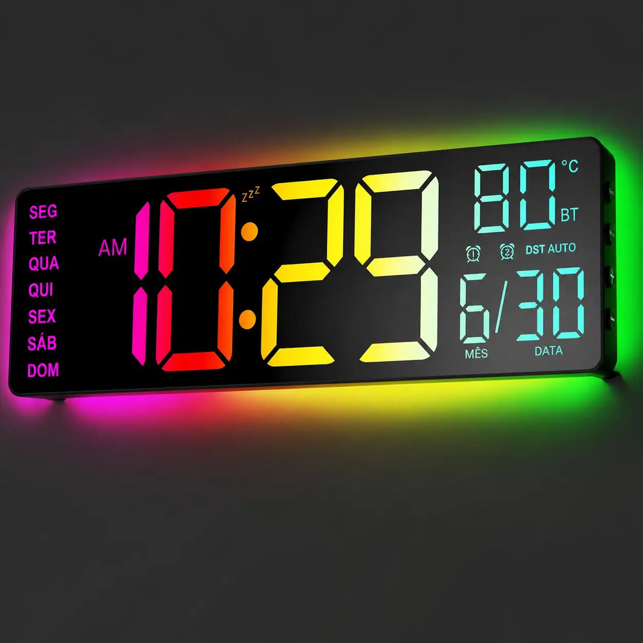 Relógio digital de parede grande com luz RGB, Bluetooth e alarmes duplos para sala, escritório, cozinha e setup gamer