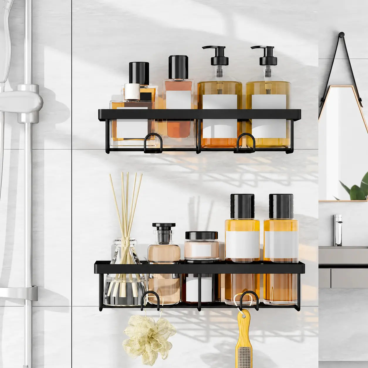 Kit organizador de box preto 5 peças sem furar, com prateleiras antiferrugem e ganchos removíveis para banheiro, cozinha e área de serviço