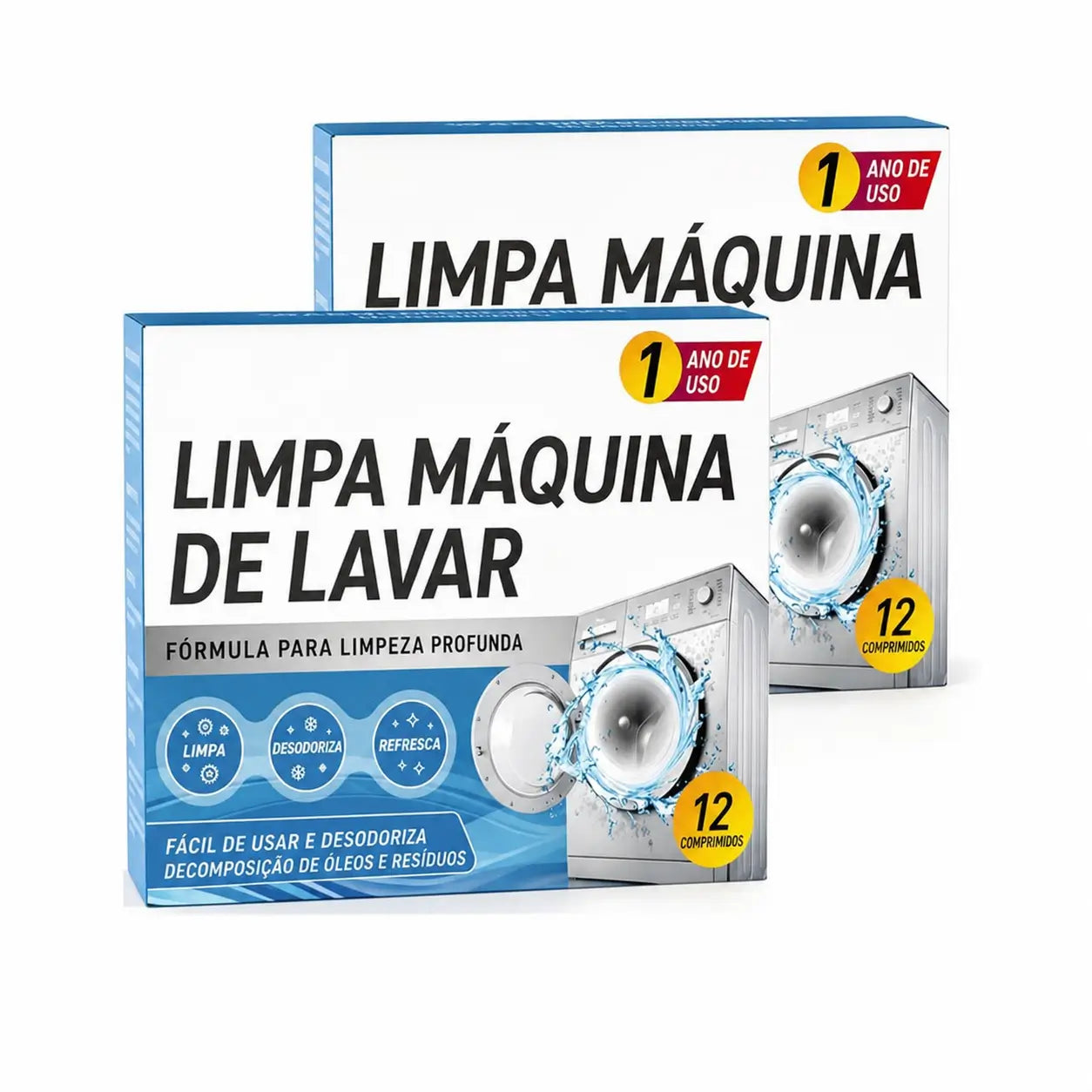 Pastilhas limpa máquina de lavar 12 unidades, limpeza profunda e desodorização para lavadoras frontais e superiores HE