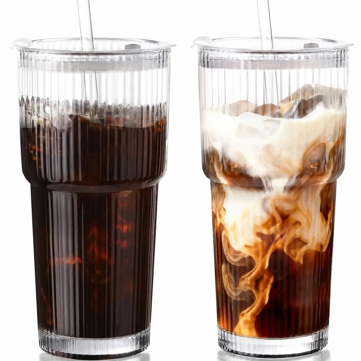 Copo tumbler de vidro canelado com tampa e canudo reutilizável, 562 ml, para café gelado, sucos e smoothies sem vazamentos