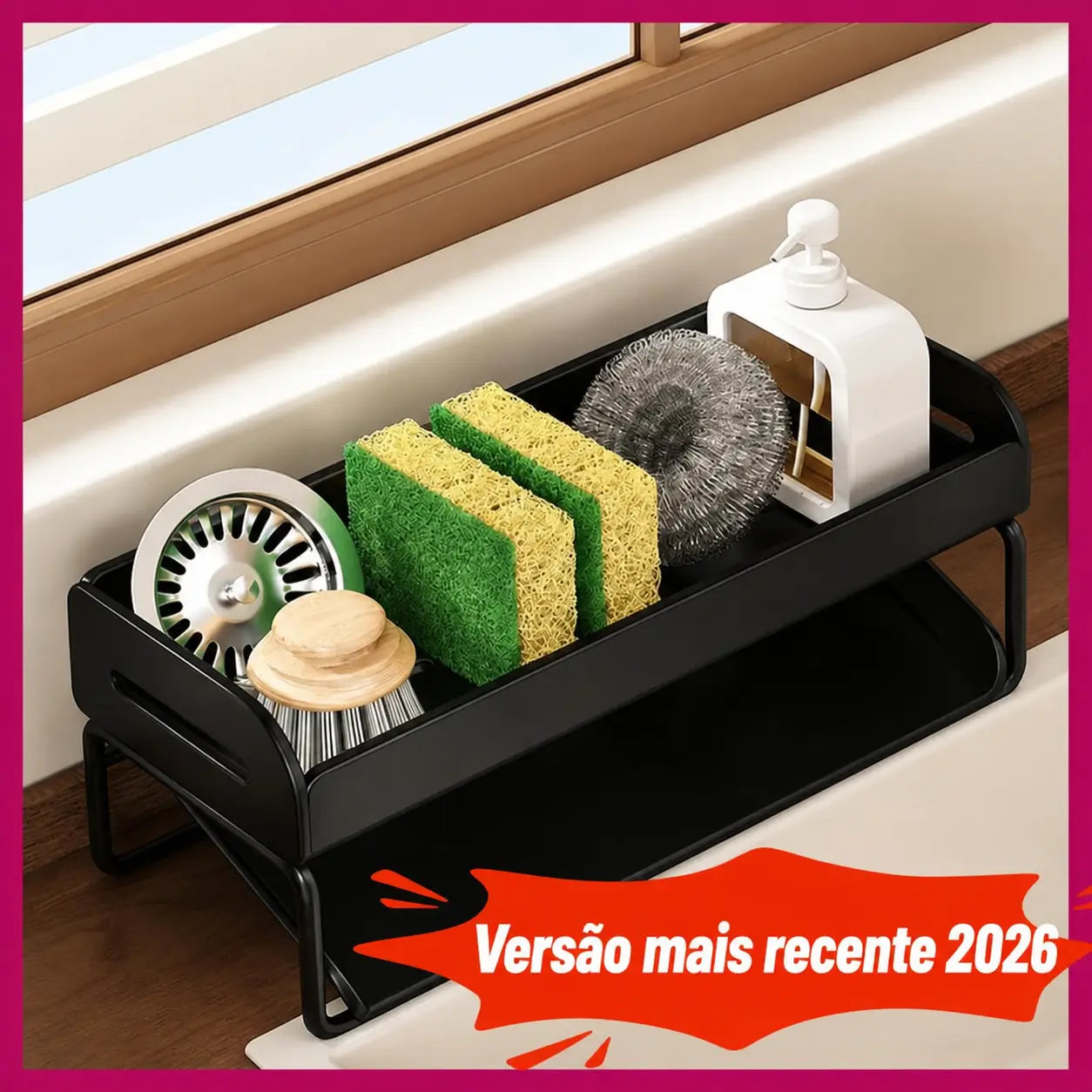 Caddy organizador de pia com porta-esponja, divisória e suporte alto para escova, ideal para cozinha compacta, bancada limpa e utensílios à mão