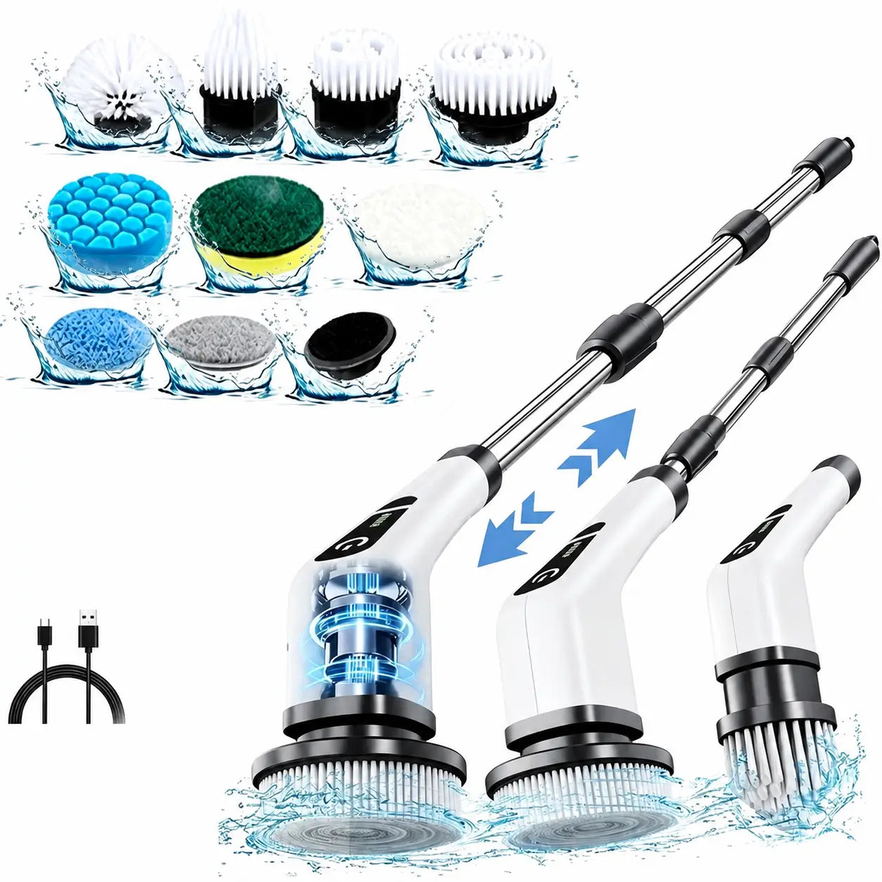 Escova elétrica de limpeza sem fio IPX7 com cabo extensível e 9 cabeças para banheiro, cozinha, pisos e rejuntes do dia a dia
