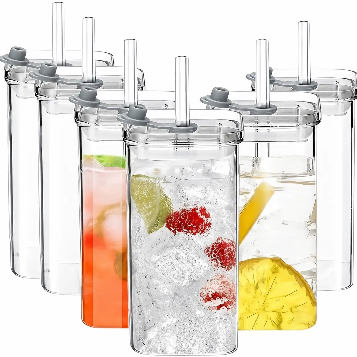 Conjunto com 4 copos de vidro 380 ml com tampa e canudo, design quadrado para café, sucos e drinks em casa ou no escritório