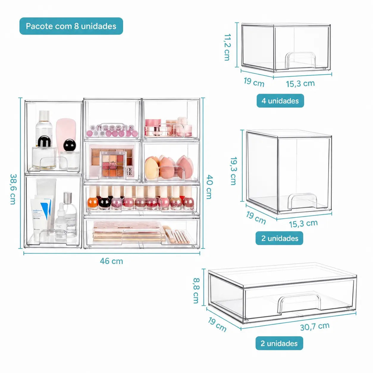 Organizador transparente empilhável com gavetas deslizantes para banheiro, cozinha, escritório e itens de bebê, kit multiuso com 5 ou 8 peças
