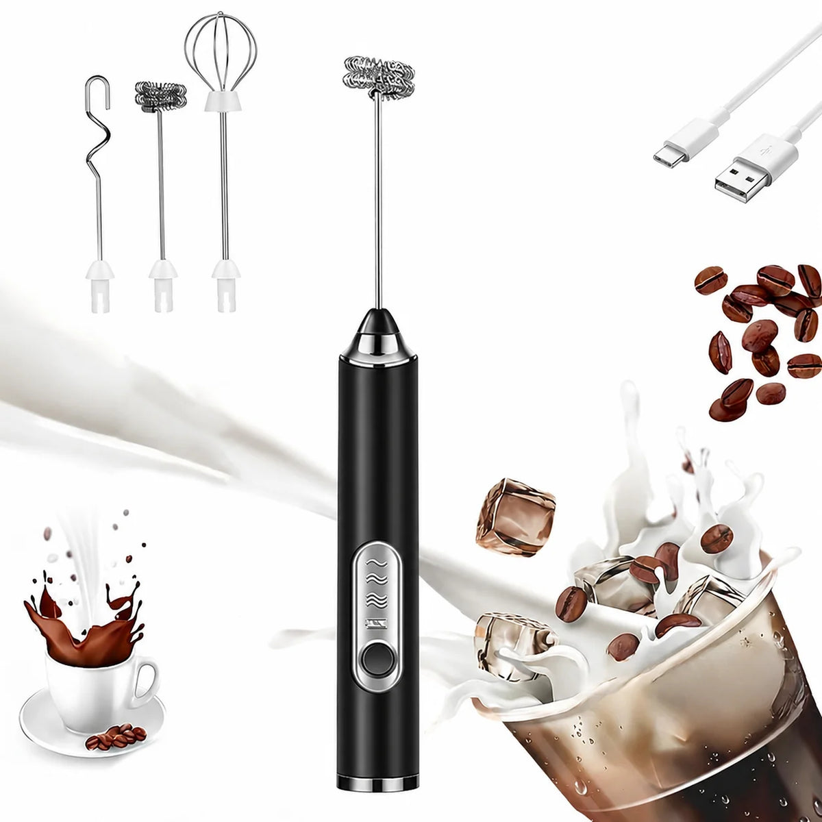 Mixer espumador de leite recarregável USB-C com 3 batedores e 3 velocidades para café, cappuccino, matcha e ovos em casa