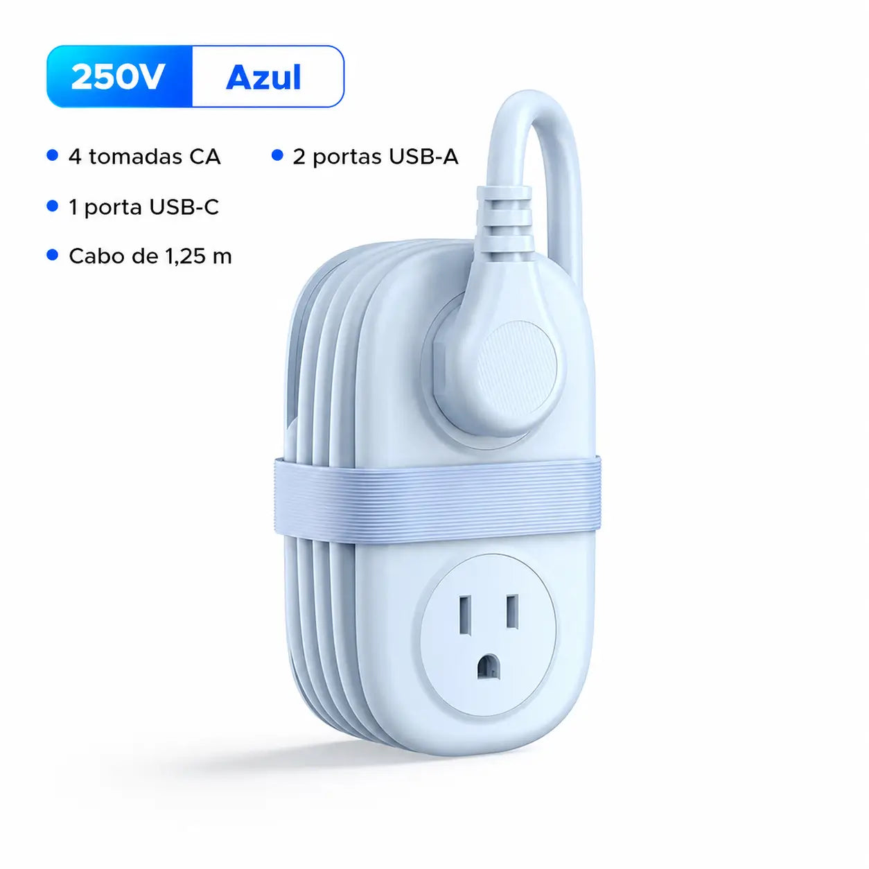 Filtro de linha compacto para viagem com 4 tomadas, USB-C e cabo curto enrolável, ideal para hotel, cruzeiro e mesa de trabalho