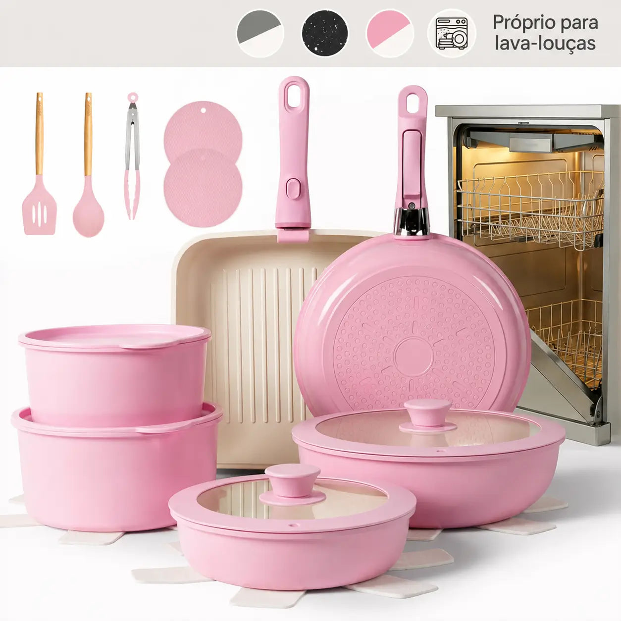 Conjunto de panelas cerâmicas antiaderentes 22 peças, empilhável com cabo removível, para uso prático em casa, indução, forno e camping