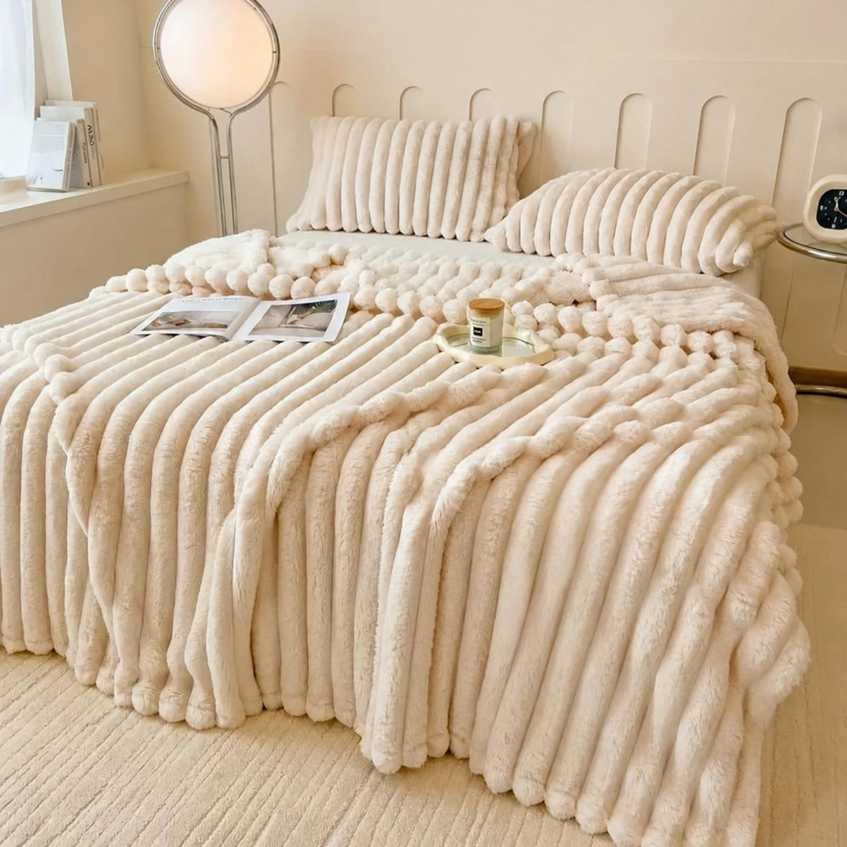 Manta fleece super macia com textura listrada, leve e decorativa para sofá, cama, sala e escritório o ano todo com conforto diário
