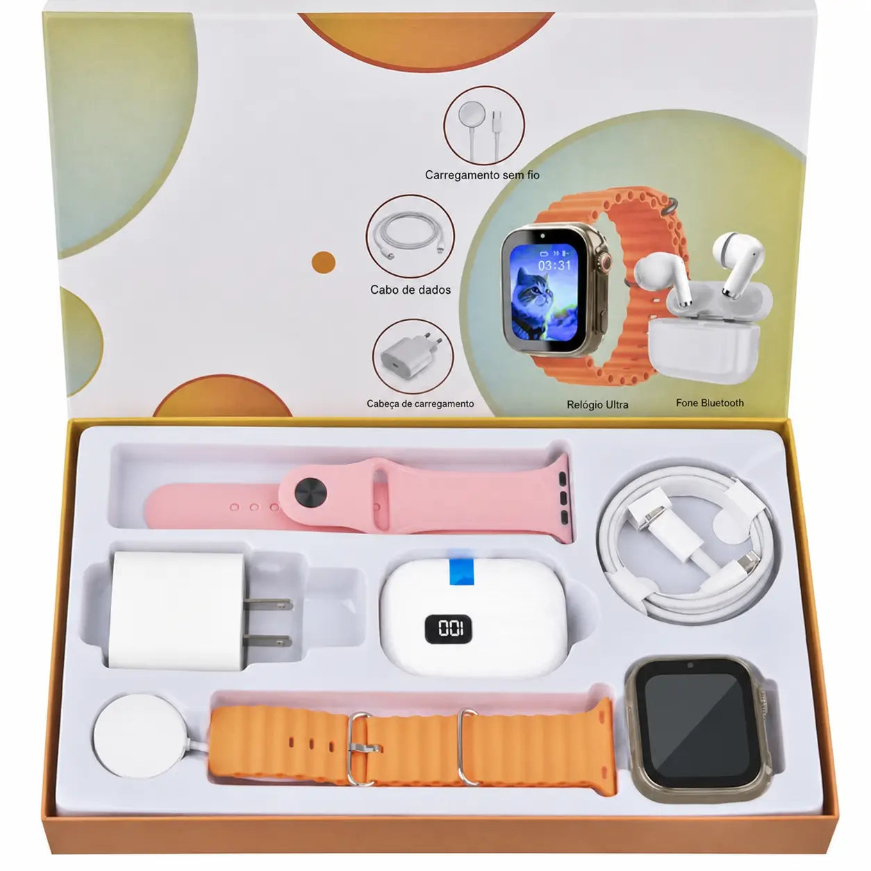 Kit smartwatch 6 em 1 com fone Bluetooth, carregador 20W e cabo Type-C para rotina conectada no trabalho, treino e viagens