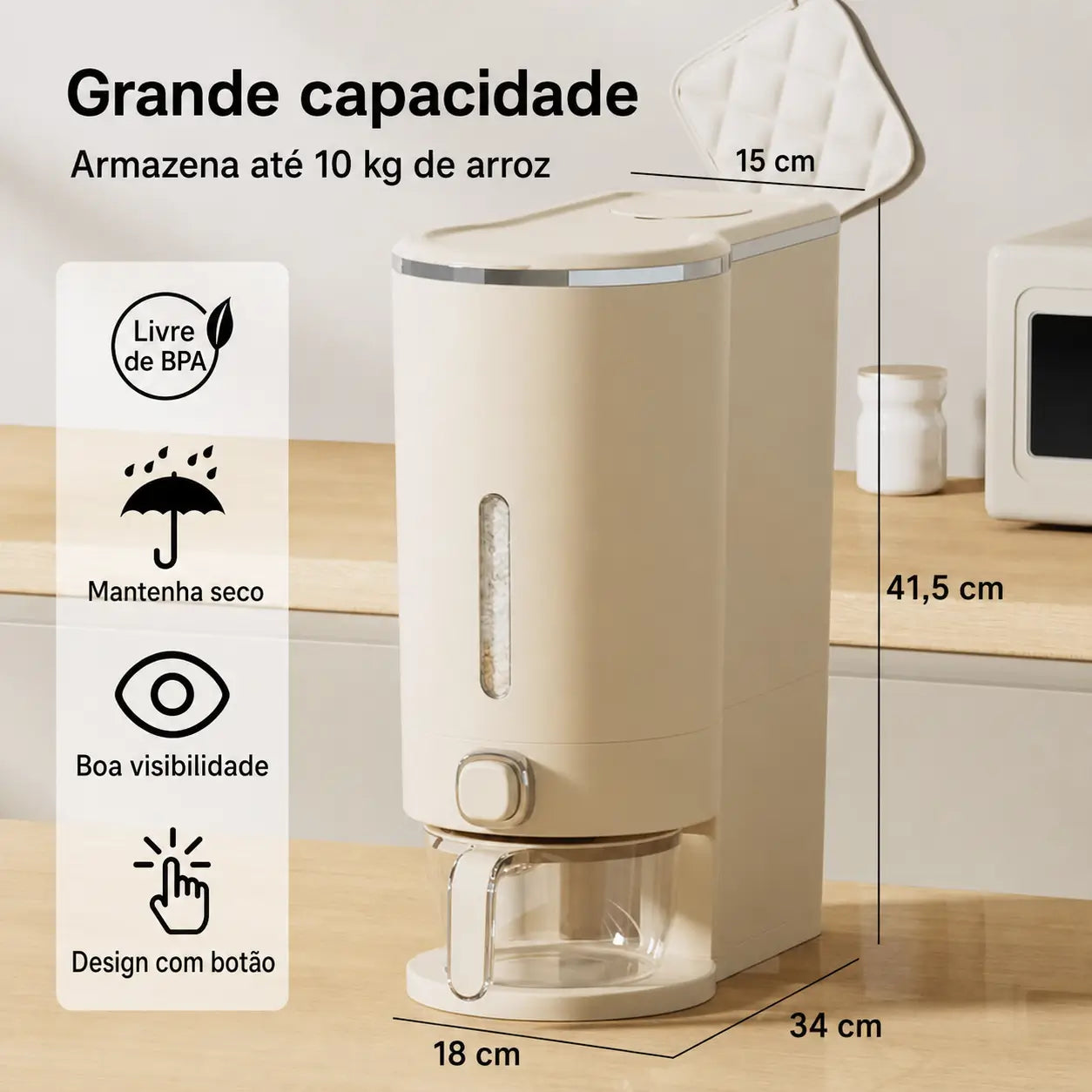 Dispenser hermético para arroz 10 kg com copo medidor, proteção contra insetos para grãos, cereais e ração na cozinha e despensa