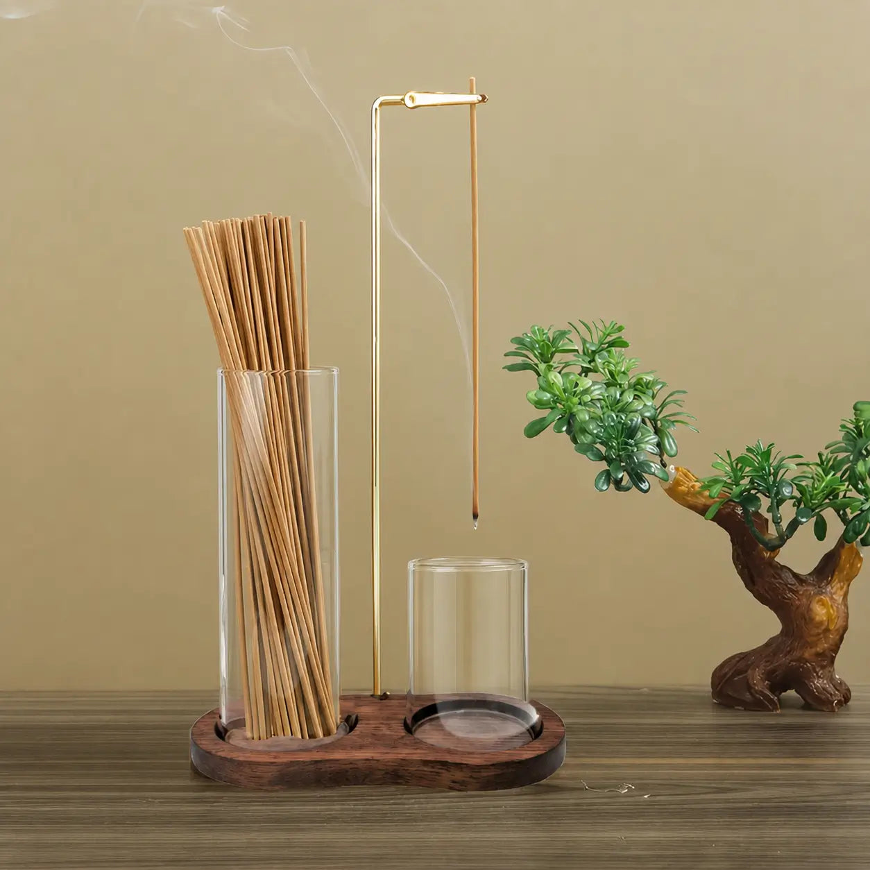 Porta-incenso minimalista com porta-vela, base de madeira resistente e coletor removível para yoga, relaxamento e decoração na sala e quarto
