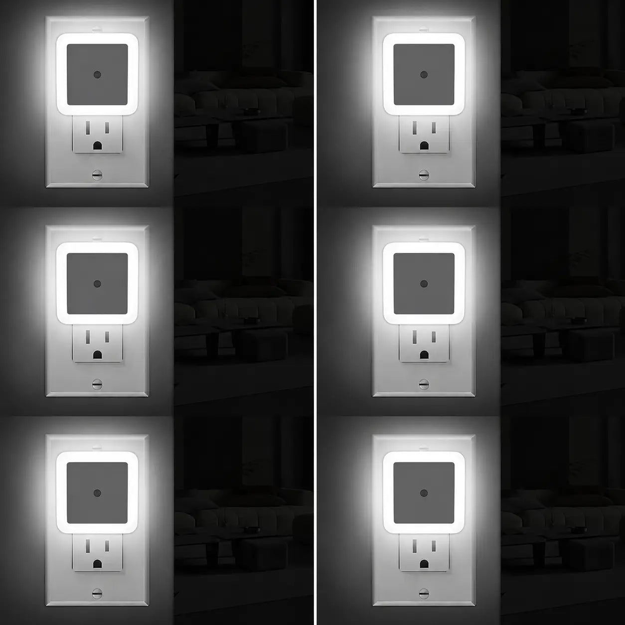 Luz noturna LED de tomada com sensor crepuscular, kit com 6 unidades para quarto, banheiro, corredor e cozinha, branco quente