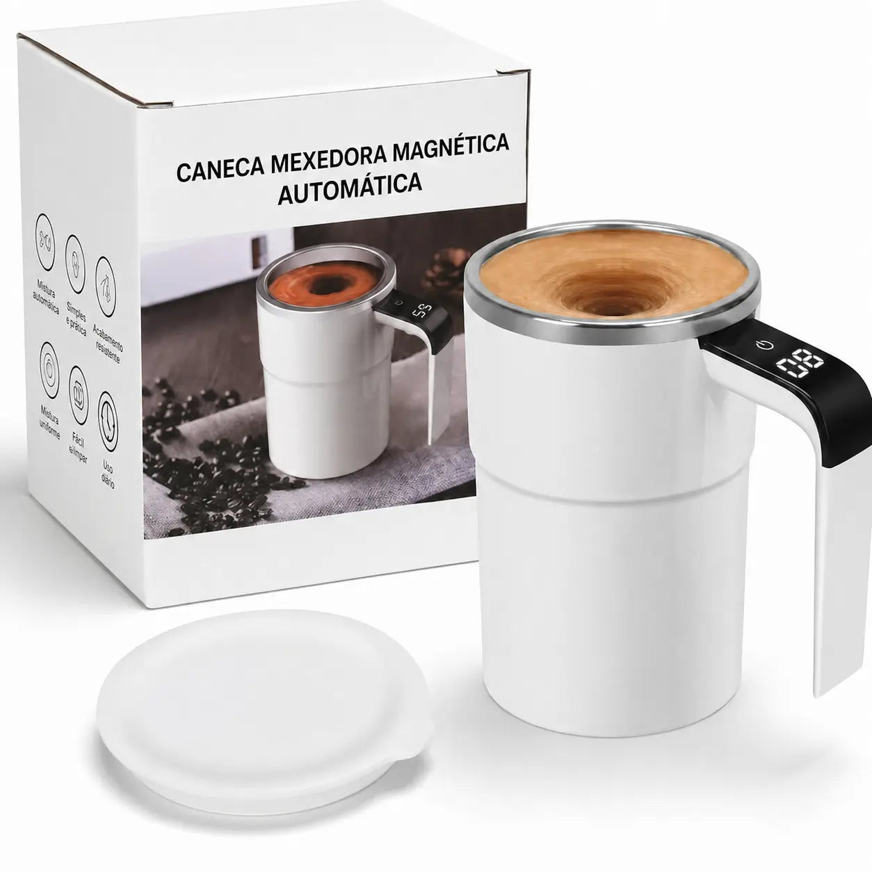 Caneca automática para café com mistura magnética, termômetro LCD e bateria recarregável para bebidas quentes ou frias em casa, escritório ou viagem