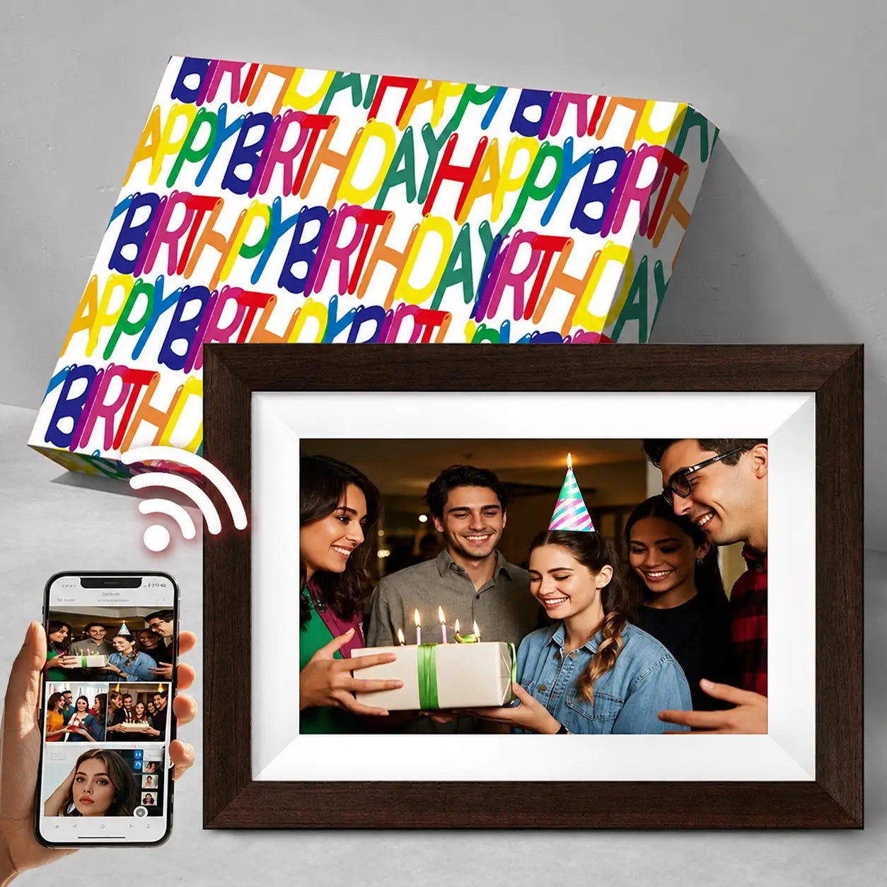 Porta-retrato digital decorativo 25,7 cm (10,1 pol.) com design em madeira e fácil manutenção para presentear e exibir lembranças todos os dias