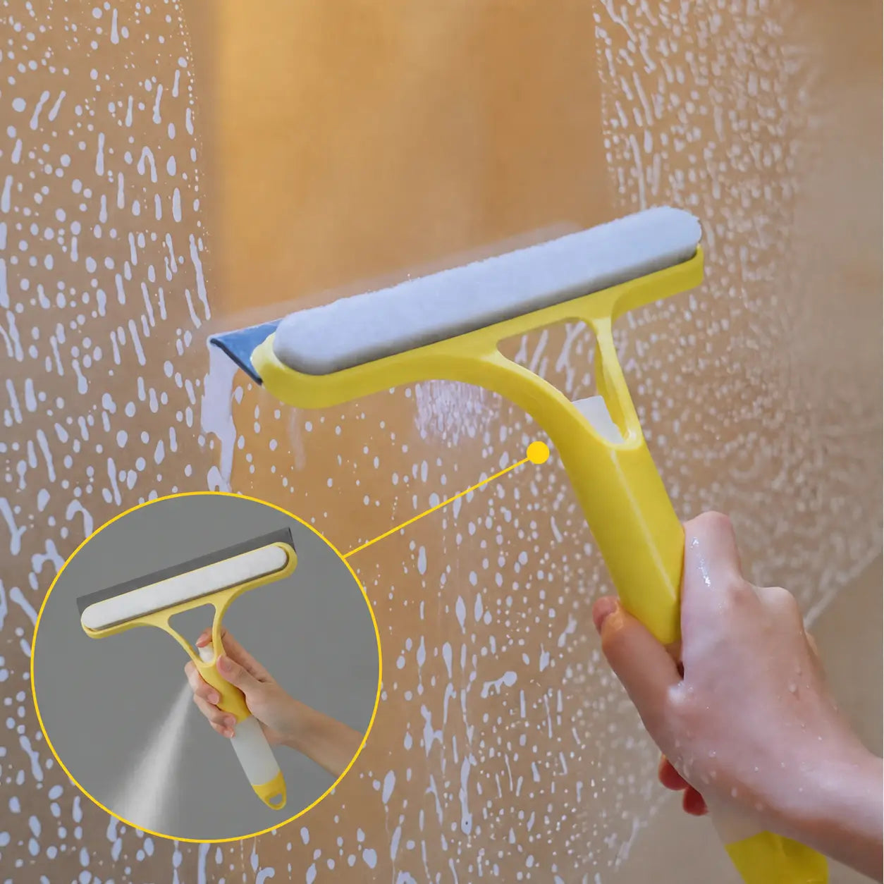 Rodo limpador de vidros 3 em 1 com spray, raspador e microfibra para janelas, para-brisa e bancadas na limpeza diária