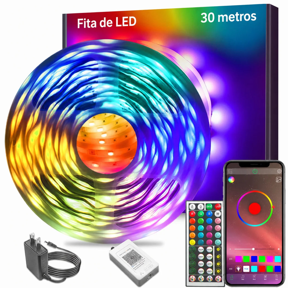 Fita de LED RGB 15 ou 30 m com Bluetooth, app e sincronização musical para quarto e festas