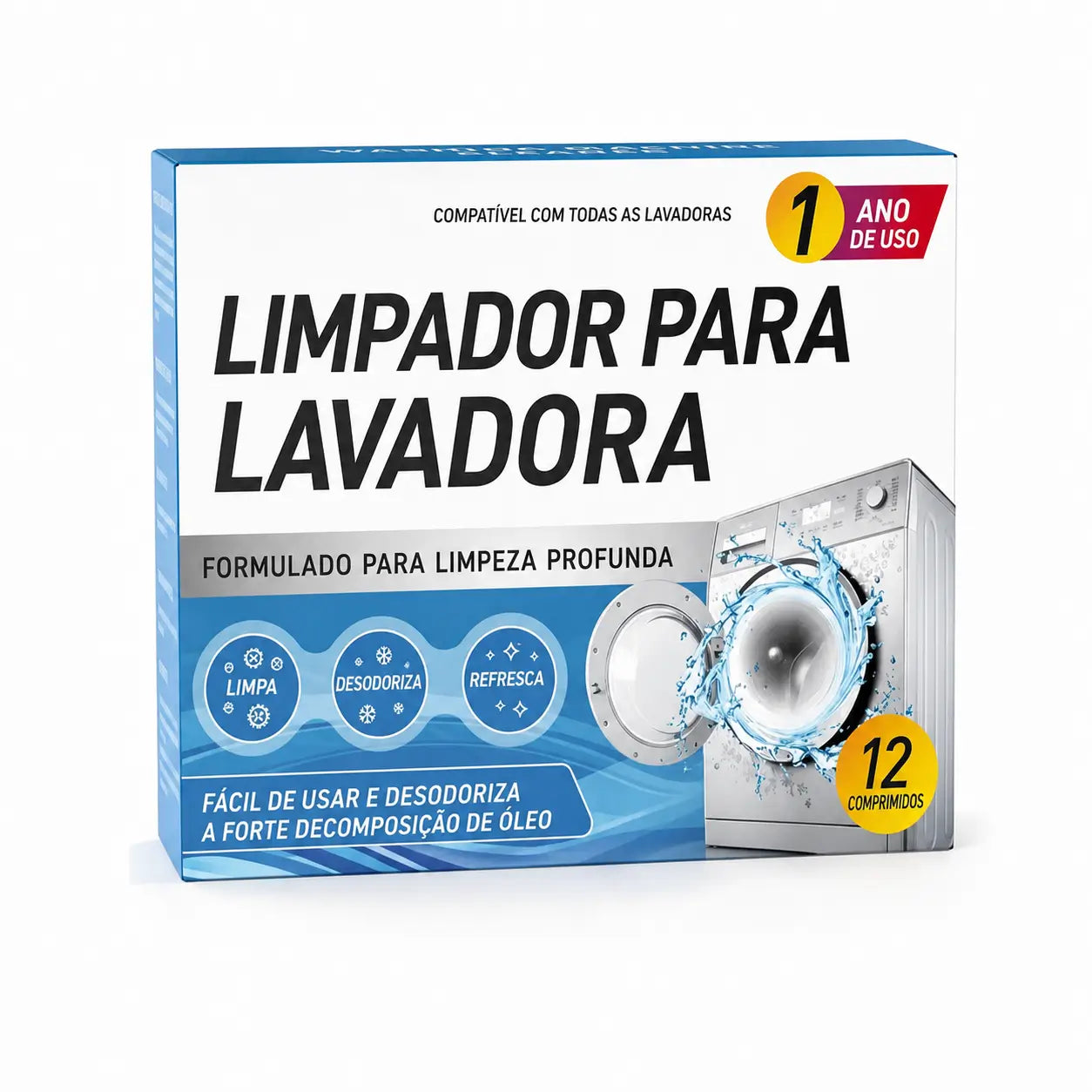 Pastilhas limpa máquina de lavar 12 unidades, limpeza profunda e desodorização para lavadoras frontais e superiores HE