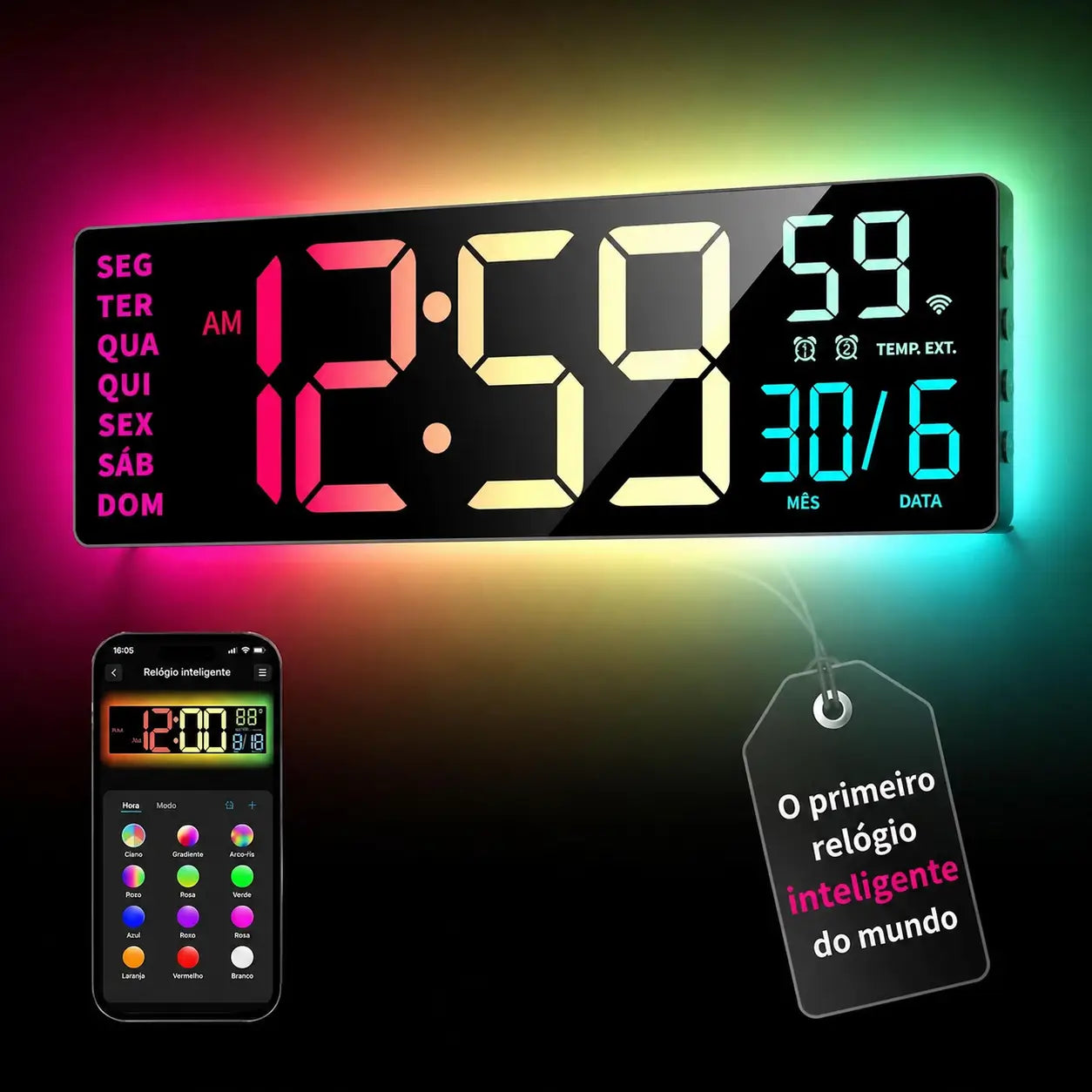 Relógio digital de parede grande com luz RGB, Bluetooth e alarmes duplos para sala, escritório, cozinha e setup gamer