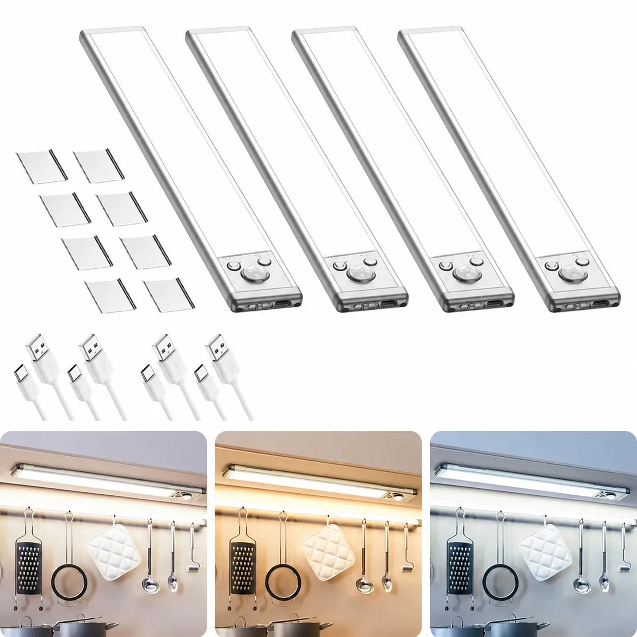 Luminária LED recarregável USB-C com sensor de presença, instalação magnética e brilho ajustável para armários, cozinha e corredor