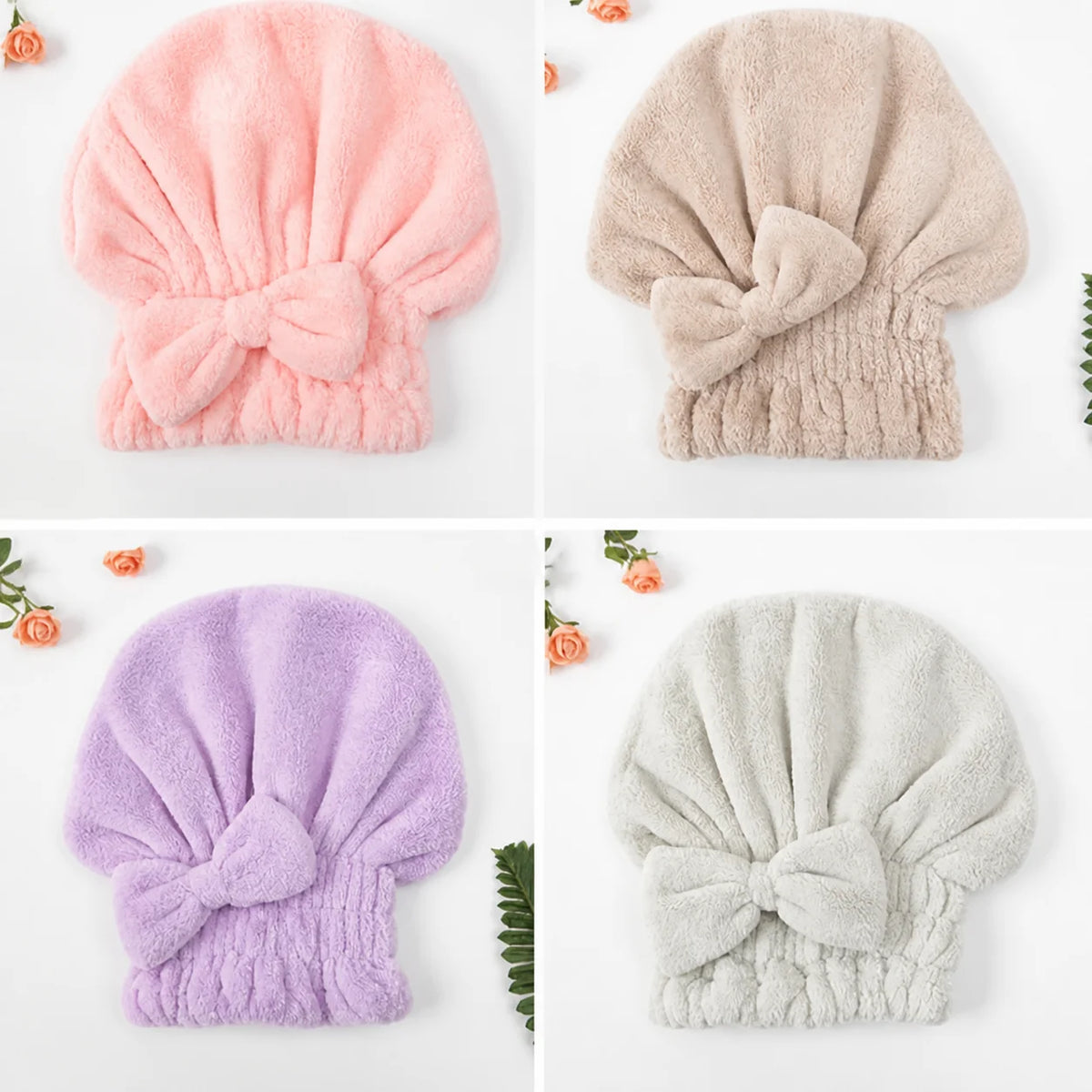 Conjunto de toucas toalha ultra-absorventes com laço decorativo, ajuste elástico e toque macio para pós-banho, maquiagem em casa ou viagem