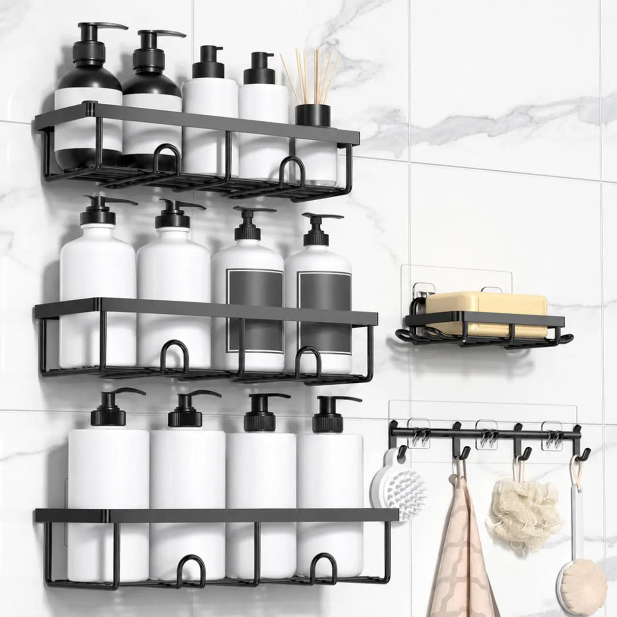 Kit organizador de box preto 5 peças sem furar, com prateleiras antiferrugem e ganchos removíveis para banheiro, cozinha e área de serviço